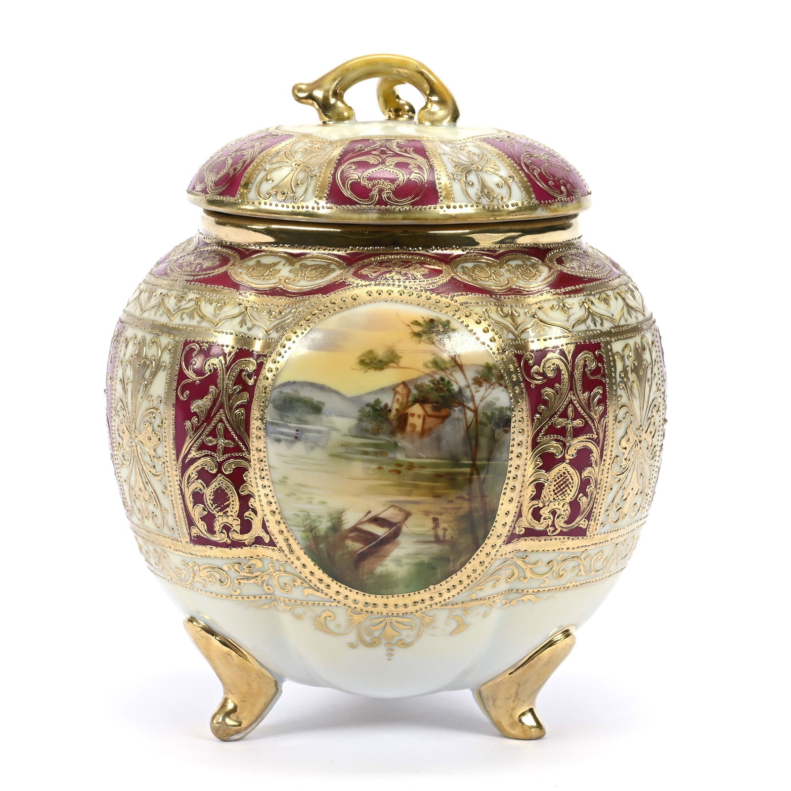 Covered Footed Biscuit Jar Marked Nippon, Yellow And Red, Medallion Lake Scenic Decor: Covered Footed Biscuit Jar Marked Nippon, Yellow And Red, Medallion Lake Scenic Decor, 8" x 6.25", Heavy Gold Highlights, Estate Of Marvin And Elfriede MIller, North Dakota.