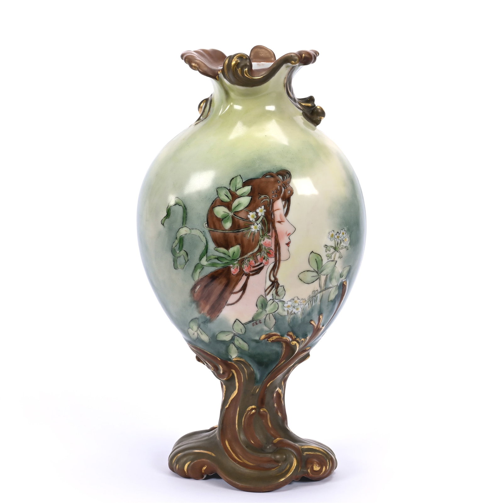 Pedestal Vase Marked W. G. Limoges, Hand Painted Art Nouveau Women On Both Sides: Pedestal Vase Marked W. G. Limoges, Hand Painted Art Nouveau Women On Both Sides, 13" x 6.75" x 5", Artist Signed, Dated 1901, Estate Of Marvin And Elfriede MIller, North Dakota.