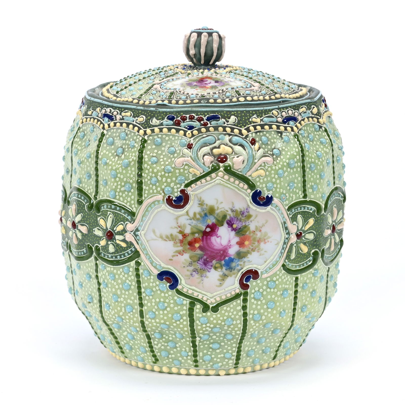 Covered Biscuit Jar, Unmarked Nippon, Green Tones With Floral Decor: Covered Biscuit Jar, Unmarked Nippon, Green Tones With Floral Decor, 6" x 5", Extensive Colorful Enamel Highlights, Estate Of Marvin And Elfriede MIller, North Dakota.