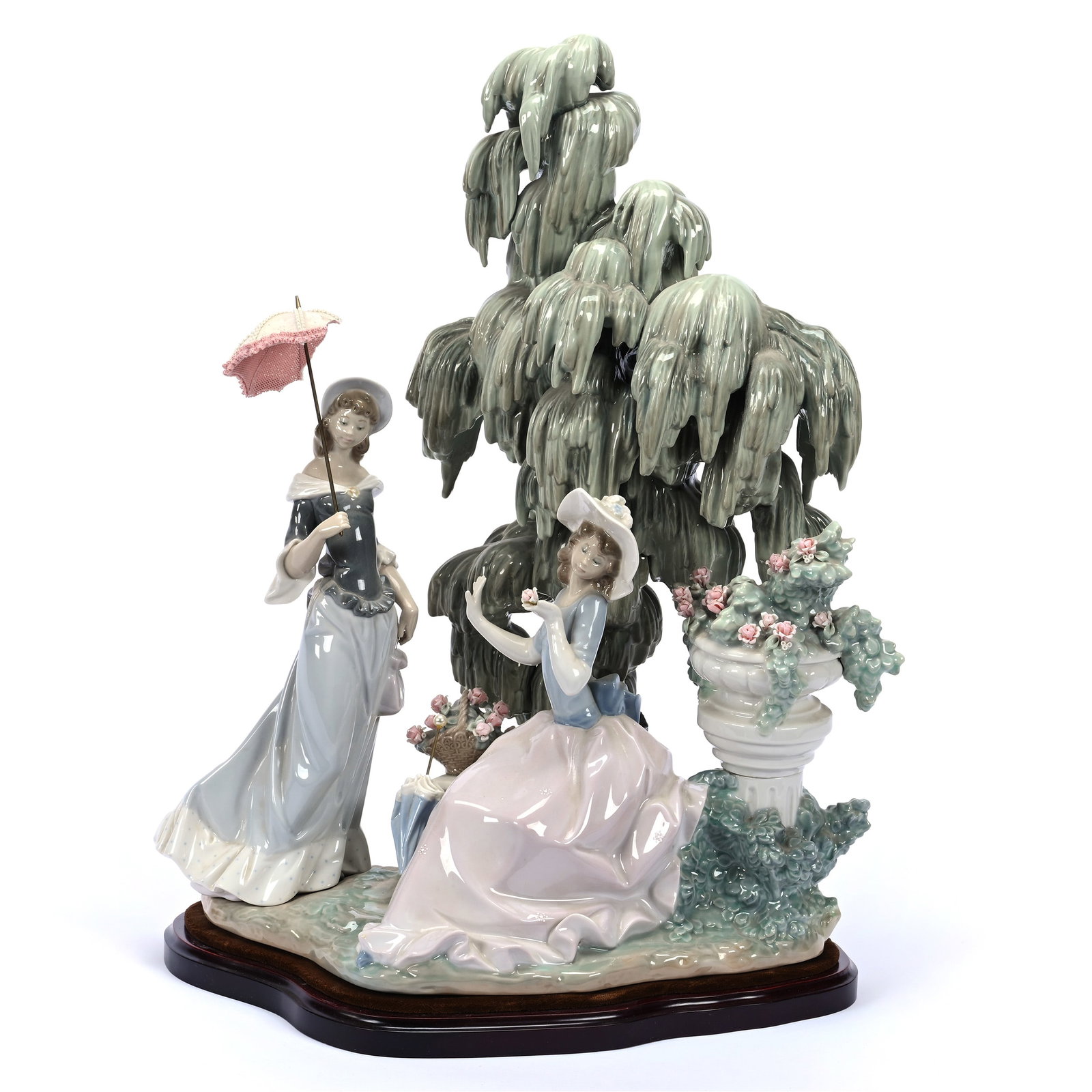 Figural Group Marked Lladro Titled "Under The Willow" #1346, Gres Finish: Figural Group Marked Lladro Titled "Under The Willow" #1346, Gres Finish, 18.5" x 14.5" x 9", Very Large Group, Umbrella Of Standing Woman Was Damaged In Shipping, Pieces Included, Wooden Original Bas