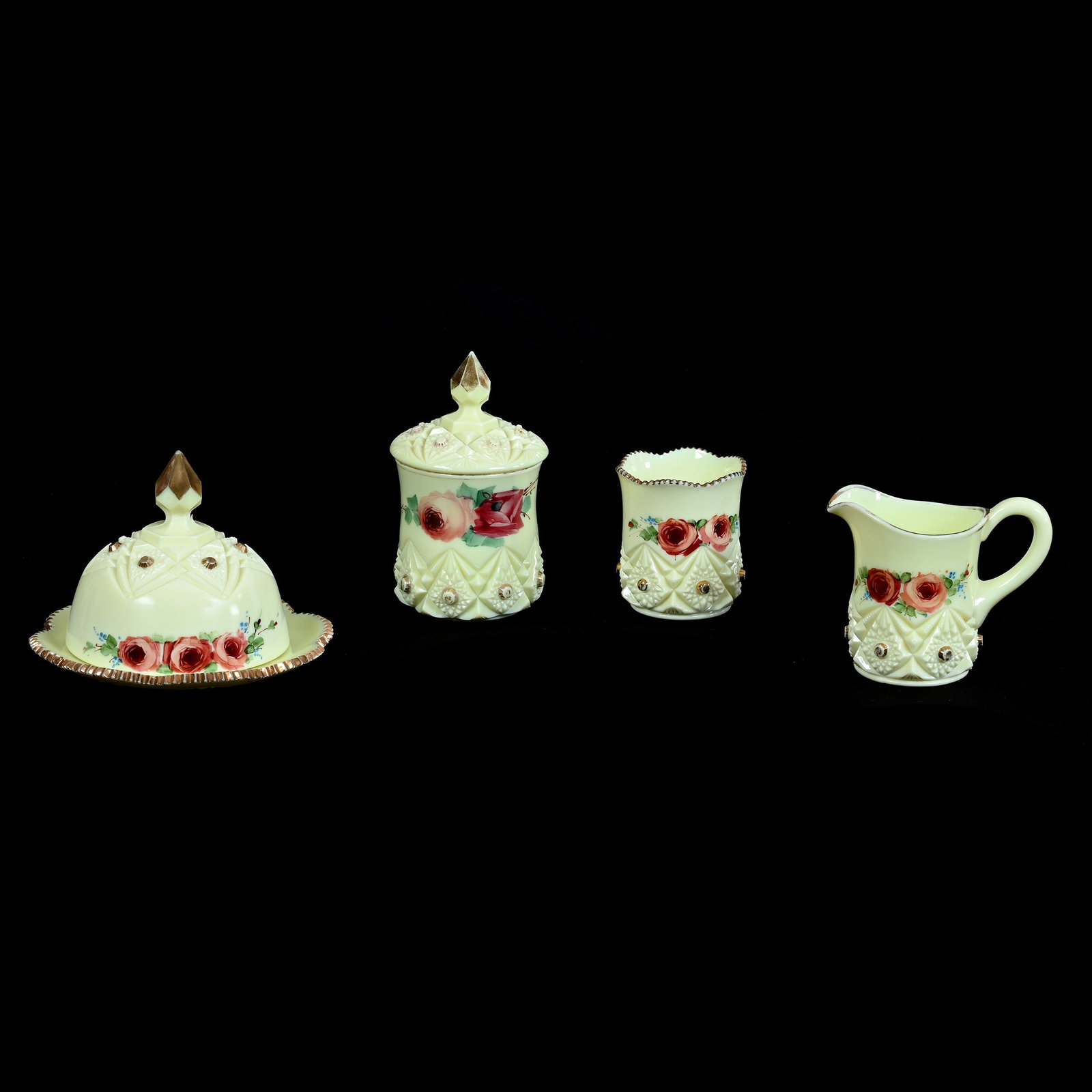 Table Set, Custard Glass Diamond With Peg Pattern By Jefferson Glass, Pink Rose Decor: Table Set, Custard Glass Diamond With Peg Pattern By Jefferson Glass, Pink Rose Decor, Set Includes Butterdish, Creamer, Sugar And Spooner, Highly Reactive Under Black Light, Estate Of Marvin And Elfr