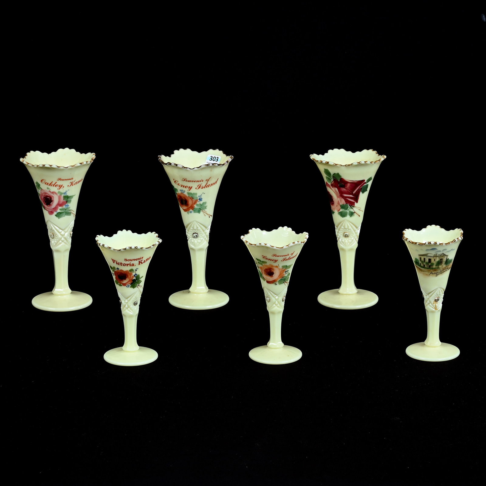 (6) Trumpet Vases, Custard Glass Diamond With Peg Pattern By Jefferson Glass: (6) Trumpet Vases, Custard Glass Diamond With Peg Pattern By Jefferson Glass, Five Are Souvenirs Of Various Locations, (3) 8" Height, (3) 6" Height, Highly Reactive Under Black Light, Estate Of Marvin