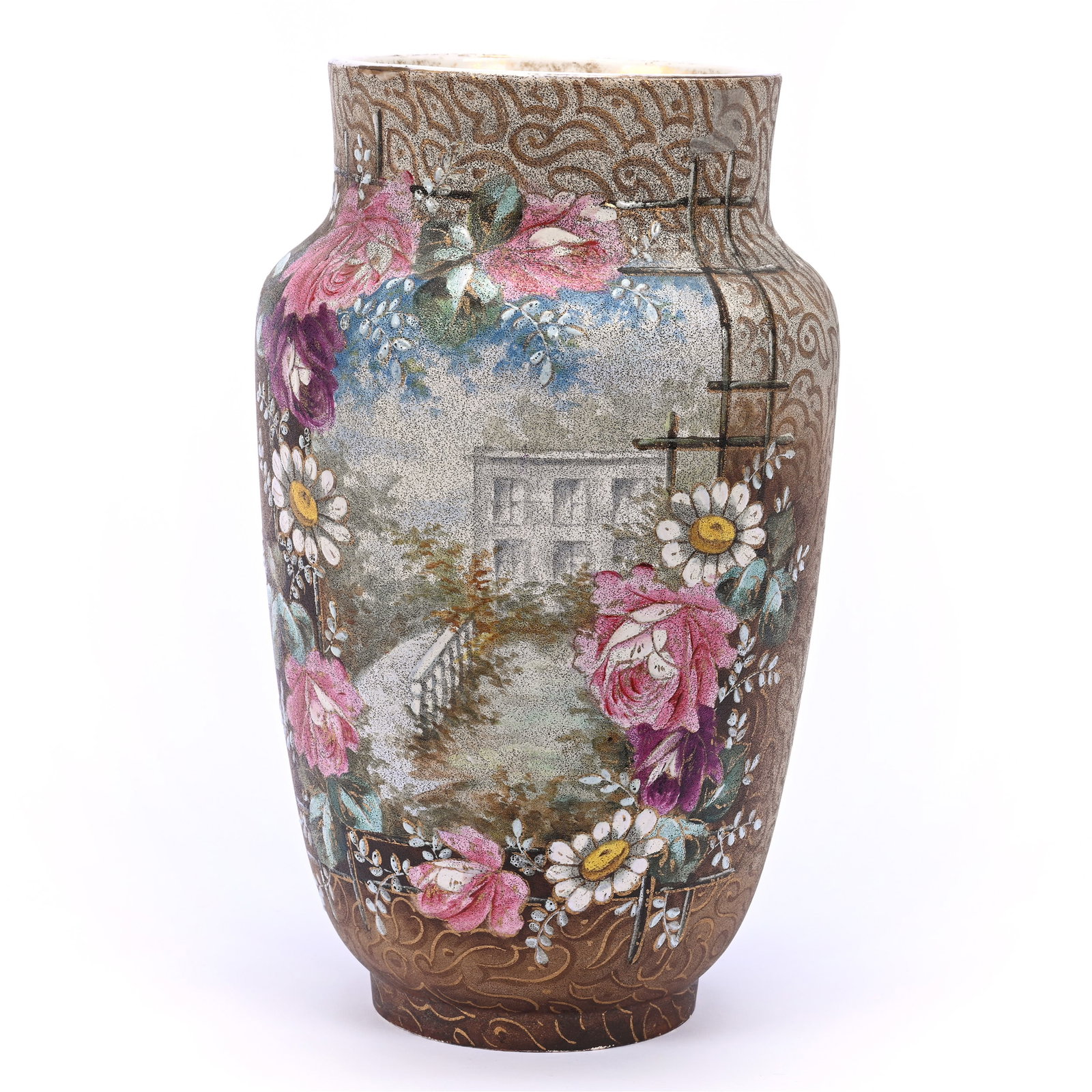 Vase Marked Royal Bonn Tapestry Finish With Building And Floral Decor: Vase Marked Royal Bonn Tapestry Finish With Building And Floral Decor, 12" x 7", Estate Of Marvin And Elfriede MIller, North Dakota.