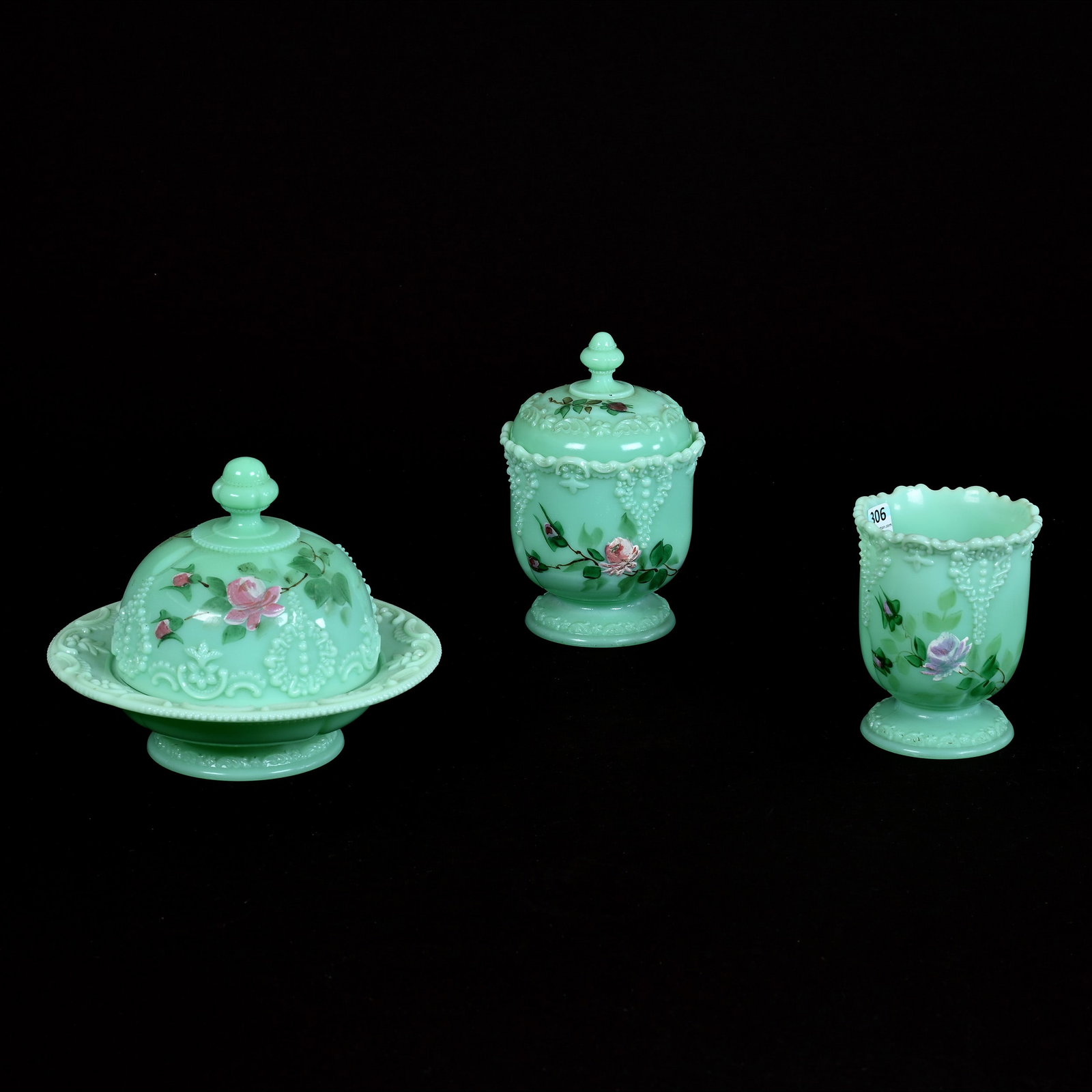 Table Set, Three Piece, Green Custard (Pea Green Opaque) Tarentum's Victoria Pattern: Table Set, Three Piece, Green Custard (Pea Green Opaque) Tarentum's Victoria Pattern, Pink Rose Decor, Highly Reactive Under Black Light, Set Includes Butterdish, Sugar And Spooner, Rim Chip On Sugar 