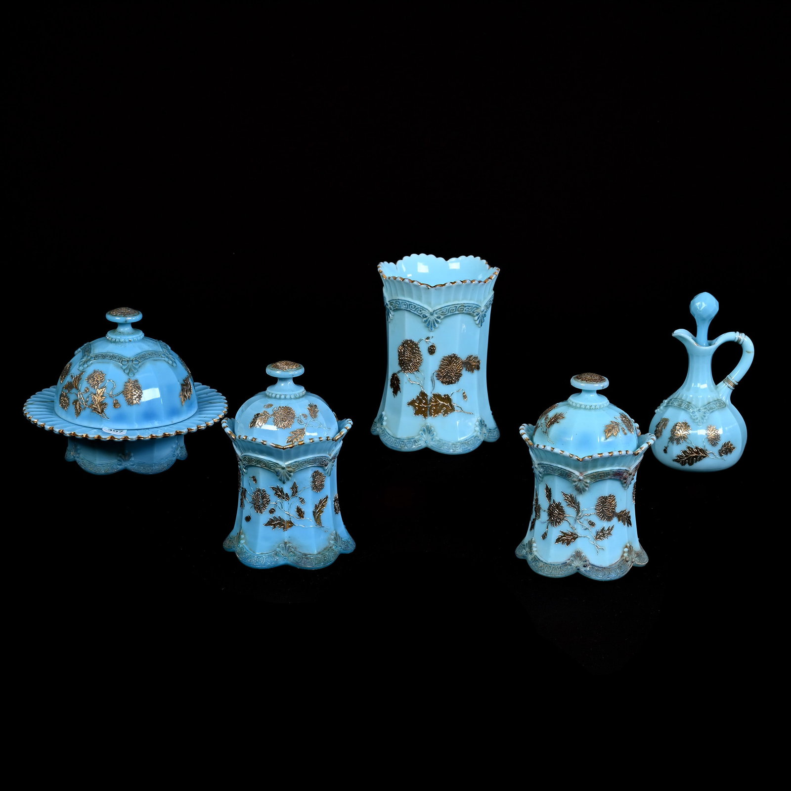 Table Set, Five Piece, Blue Custard Chrysanthemum Sprig Pattern By Northwood: Table Set, Five Piece, Blue Custard Chrysanthemum Sprig Pattern By Northwood, Set Includes Butterdish, Base Glued Back Together, (2) Sugars, (1) 7" Celery Vase And (1) Cruet, Estate Of Marvin And Elfr