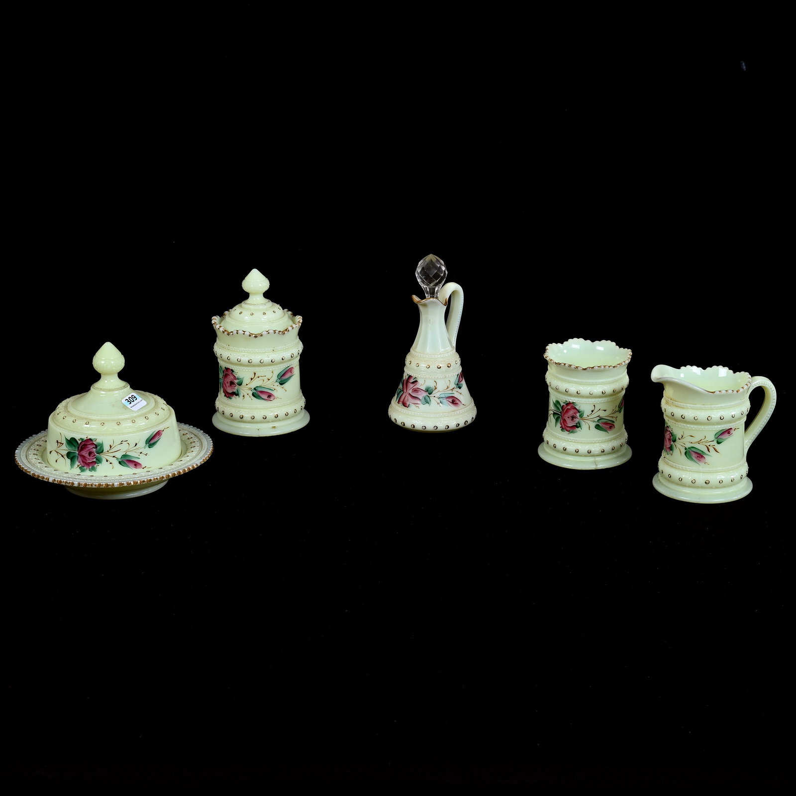 Table Set, Five Piece, Custard Glass Ring Band Pattern By Heisey, Pink Rose Decor: Table Set, Five Piece, Custard Glass Ring Band Pattern By Heisey, Pink Rose Decor, Butterdish (Some Tooth Chips On Rim), Creamer, Sugar, Spooner And Cruet Bottle, Highly Reactive Under Black Light, Es