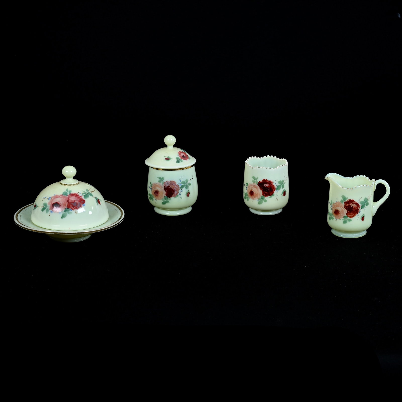 Table Set, Four Piece, Custard Glass Jefferson Optic Pattern By Jefferson Glass, Pink Rose Decor: Table Set, Four Piece, Custard Glass Jefferson Optic Pattern By Jefferson Glass, Pink Rose Decor, Also Known As Rose Pattern, Set Includes Butterdish, Creamer, Sugar And Spooner, Highly Reactive Under