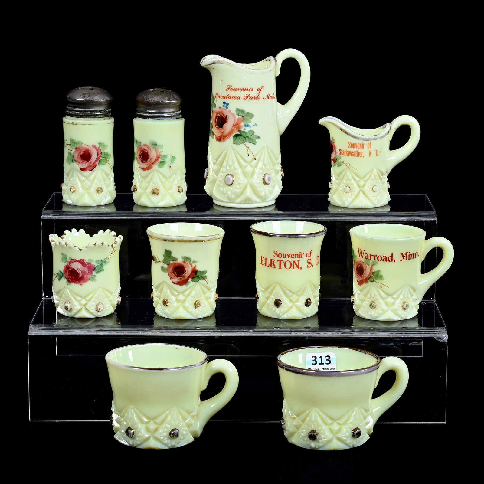 (10) Custard Glass Items, All In Diamond With Peg Pattern By Jefferson Glass: (10) Custard Glass Items, All In Diamond With Peg Pattern By Jefferson Glass, (1) 4.5" Creamer, (3) Cups, (3) Toothpick Holders, (2) Salt And Pepper Shakers, (1) 2.75" Creamer, Most With Souvenir Loca