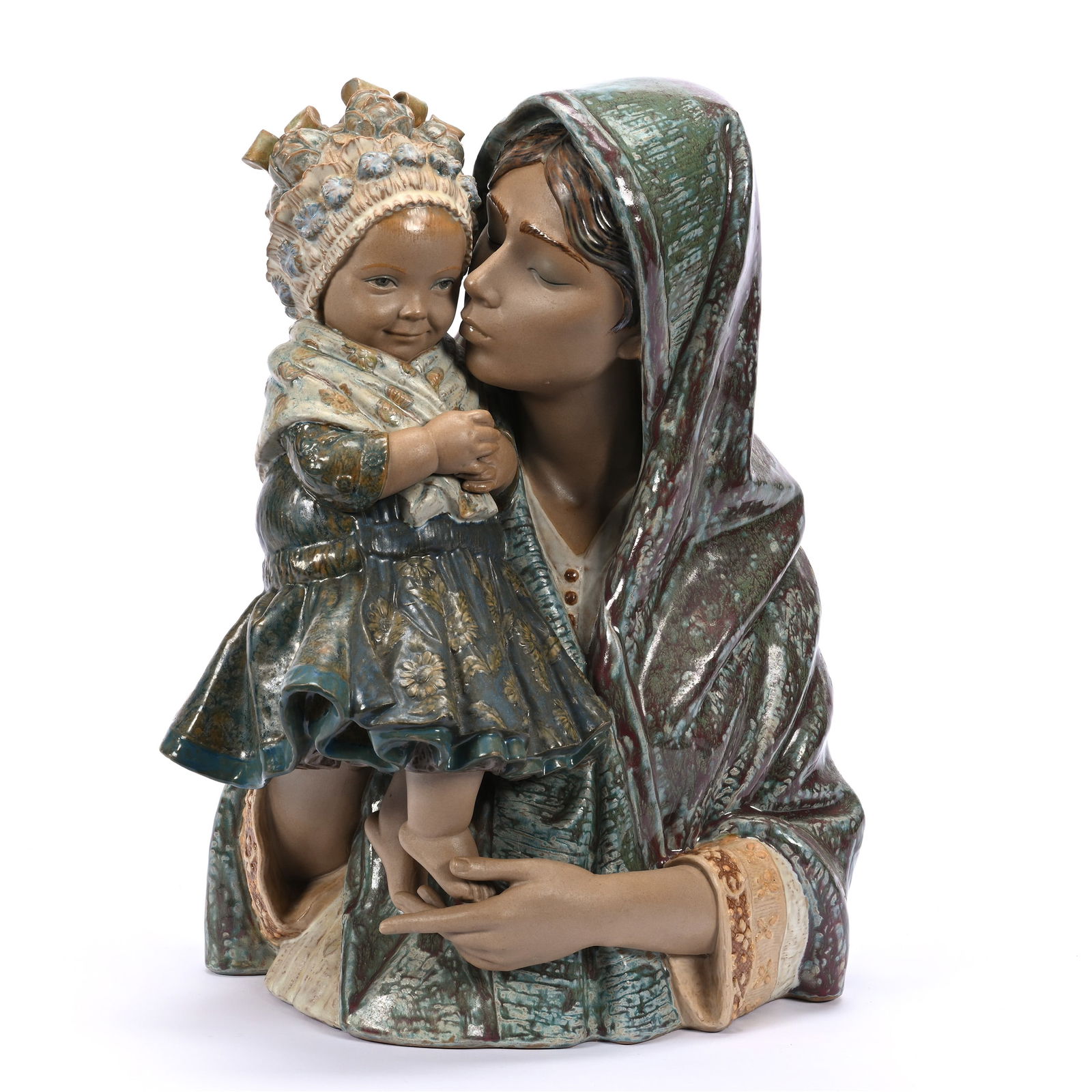 Figural Bust Group Marked Lladro Titled "Mother Kiss Child", Gres Finish: Figural Bust Group Marked Lladro Titled "Mother Kiss Child", Gres Finish, 15.5" x 12", Marked Vacala, Also Marked Juana Devis, Limited Edition #677, Estate Of Marvin And Elfriede MIller, North Dakota.