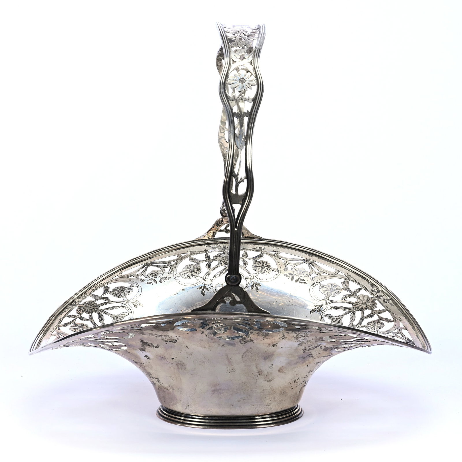 Basket, Sterling Silver, Marked Meriden Brittania: Basket, Sterling Silver, Marked Meriden Brittania, 12" x 12.5" x 10", Reticulated Floral Border And Handle, Total Weight Of 725 Grams, Kansas Private Collection.