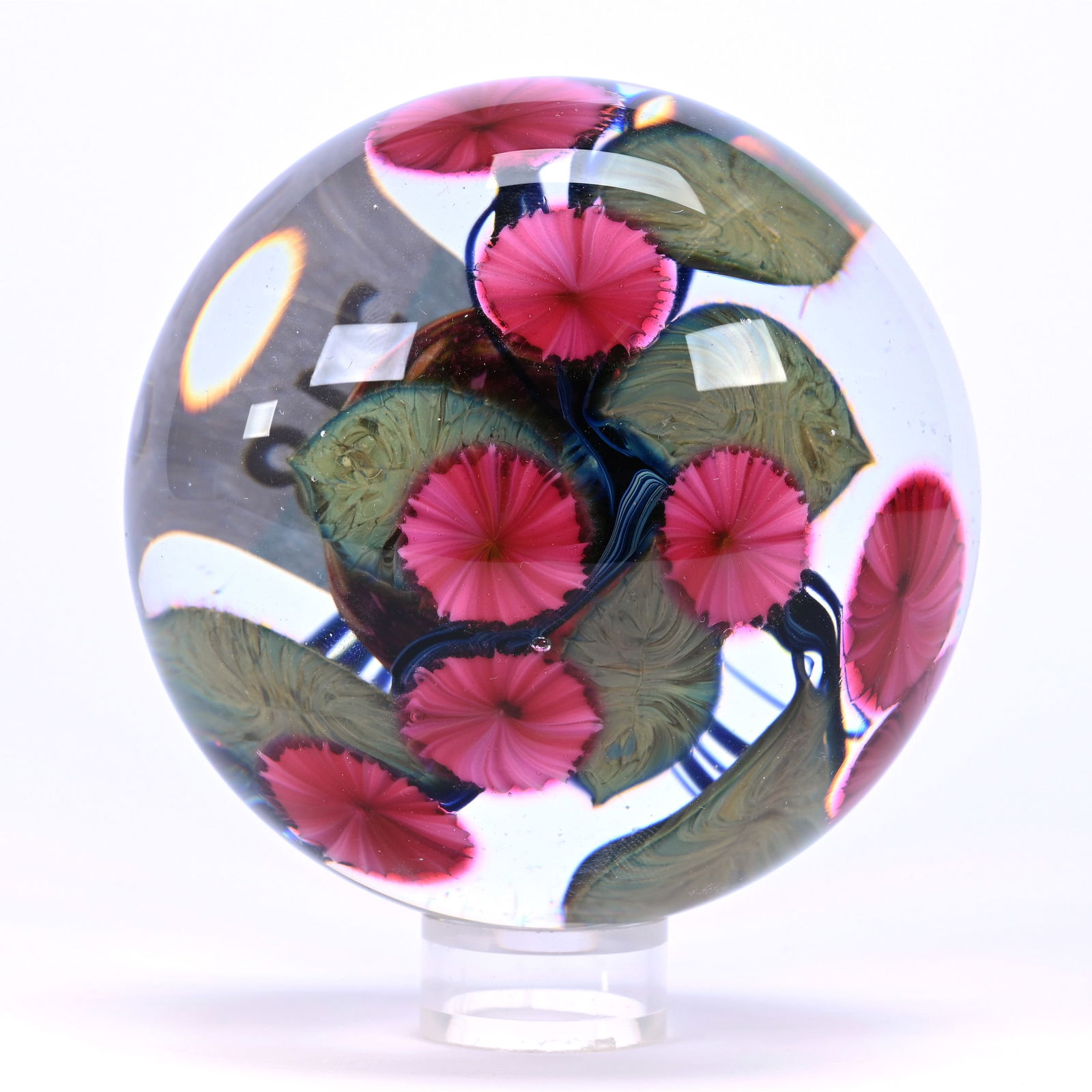 Paperweight, Magnum, Unmarked Lotton Studios, Pink Floral And Green Leaf Design: Paperweight, Magnum, Unmarked Lotton Studios, Pink Floral And Green Leaf Design, 3.25", Label Indicated Lotton 1994, But Unable To Verify, Kansas Private Collection.