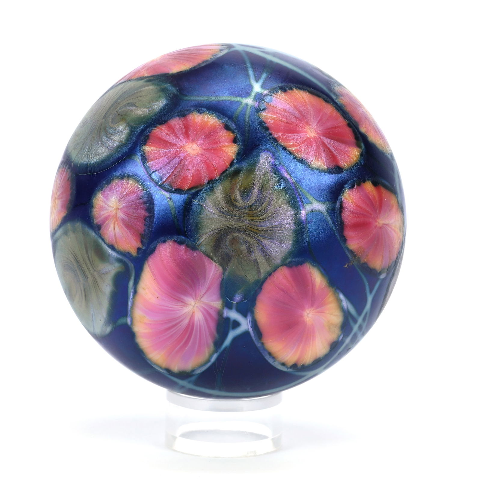 Paperweight, Magnum, Marked Lotton, Dated 1999, Blue Iridescent With Pink Blossoms And Green Leaf: Paperweight, Magnum, Marked Lotton, Dated 1999, Blue Iridescent With Pink Blossoms And Green Leaf Design, 3", Kansas Private Collection.
