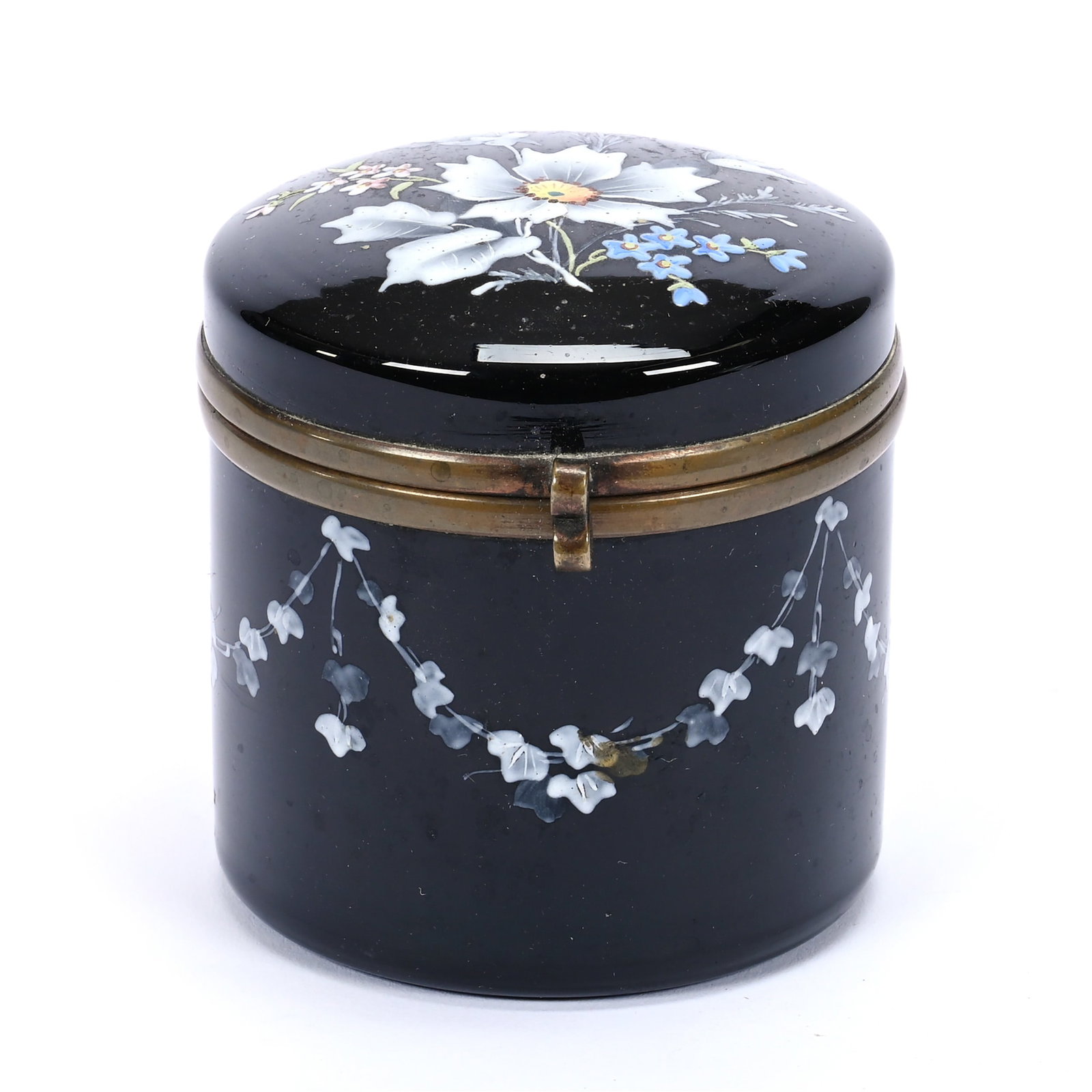 Hinged Box, Black Amethyst Art Glass, Enamel White Floral Decor: Hinged Box, Black Amethyst Art Glass, Enamel White Floral Decor, 3" x 3", Kansas Private Collection.
