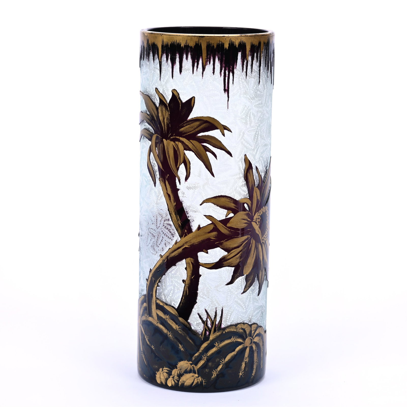 Cylinder Vase By Baccarat, Acid Cut Clear Ground, Amethyst Overlay With Cactus Design: Cylinder Vase By Baccarat, Acid Cut Clear Ground, Amethyst Overlay With Cactus Design, 10" x 3.75", Gold Stencil Highlights, Kansas Private Collection.