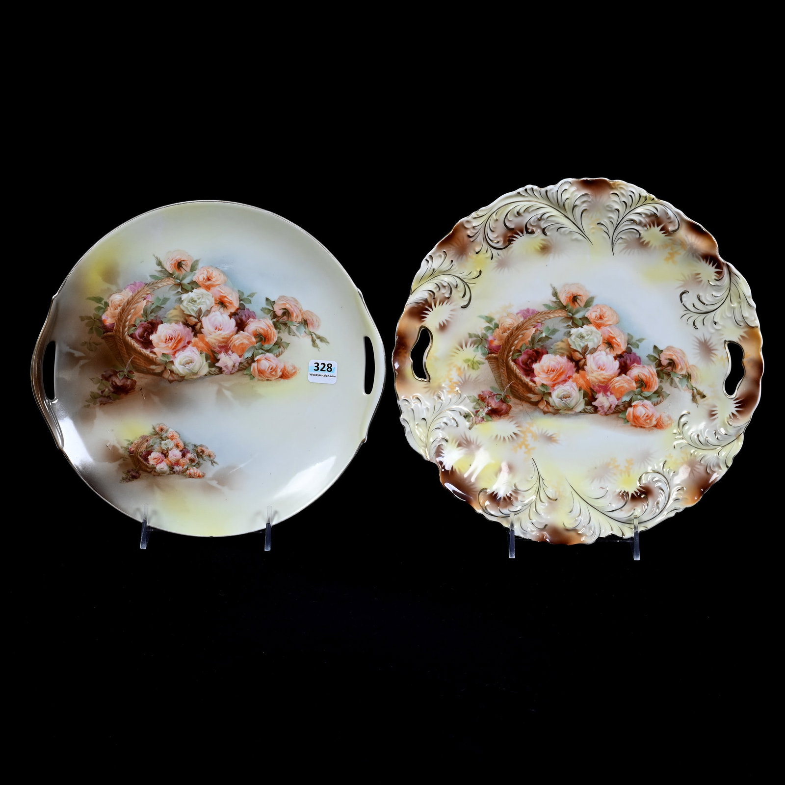 (2) Cake Plates, Prussia Type: (2) Cake Plates, Prussia Type, (1) 11" Plume Mold, Unmarked, Brown And Yellow Spilled Basket Decor, (1) 10.5" Marked Wheelock Prussia, Spilled Basket Decor, Kansas Private Collection.