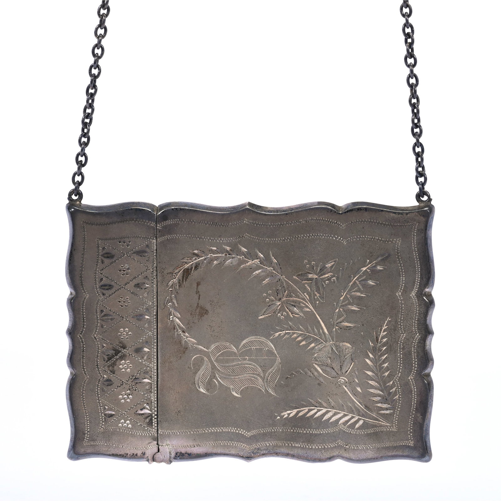 Card Holder, Sterling Silver, Monogrammed "B", Engraved Floral Highlights: Card Holder, Sterling Silver, Monogrammed "B", Engraved Floral Highlights, 3.5" x 2.5", Original Velvet Case, Kansas Private Collection.