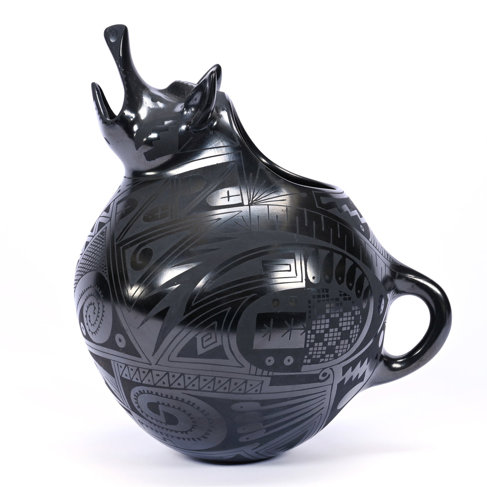 Pig Effigy Pot, Signed Felix Ortiz: Pig Effigy Pot, Signed Felix Ortiz, 9.25" x 7.75", Black On Black With Traditional Designs, Kansas Private Collection.