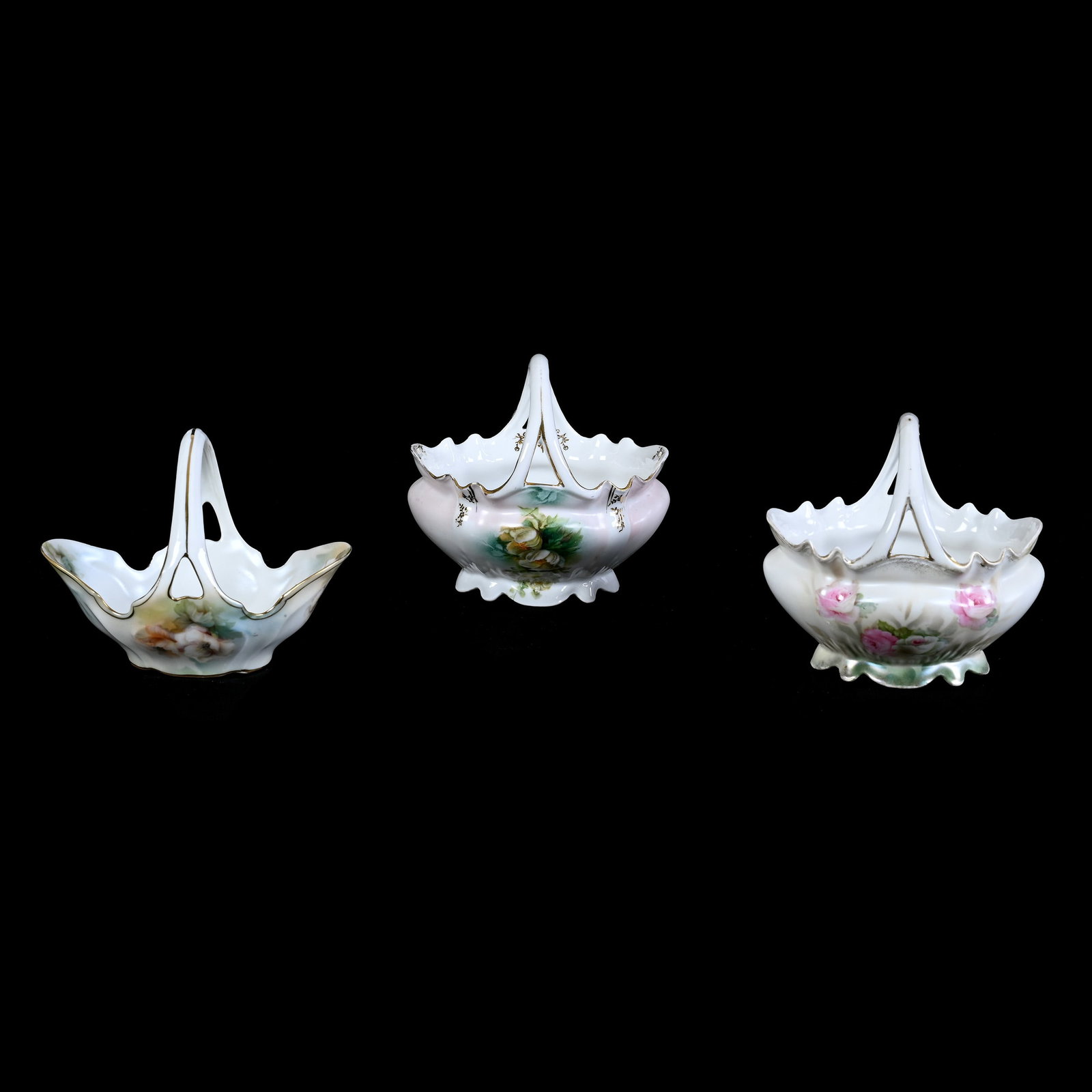 (3) Baskets Marked R.S. Prussia And R.S. Germany: (3) Baskets Marked R.S. Prussia And R.S. Germany, Floral Decor (2) 4.75" x 5" Marked R.S. Prussia (1) 4.5" x 5.75 Marked R.S. Germany, Kansas Private Collection.