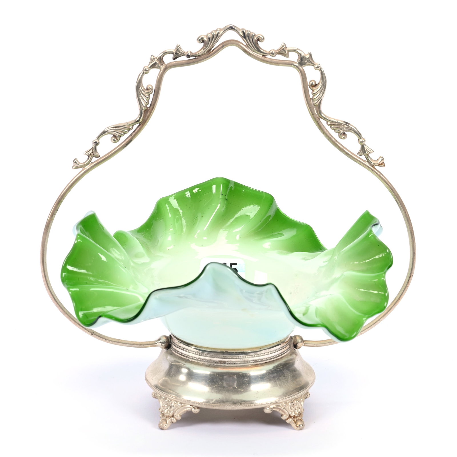 Sweetmeat, Green And White Cased Art Glass Basket: Sweetmeat, Green And White Cased Art Glass Basket, 7.25" x 7", Set On Silverplate Frame, Kansas Private Collection.