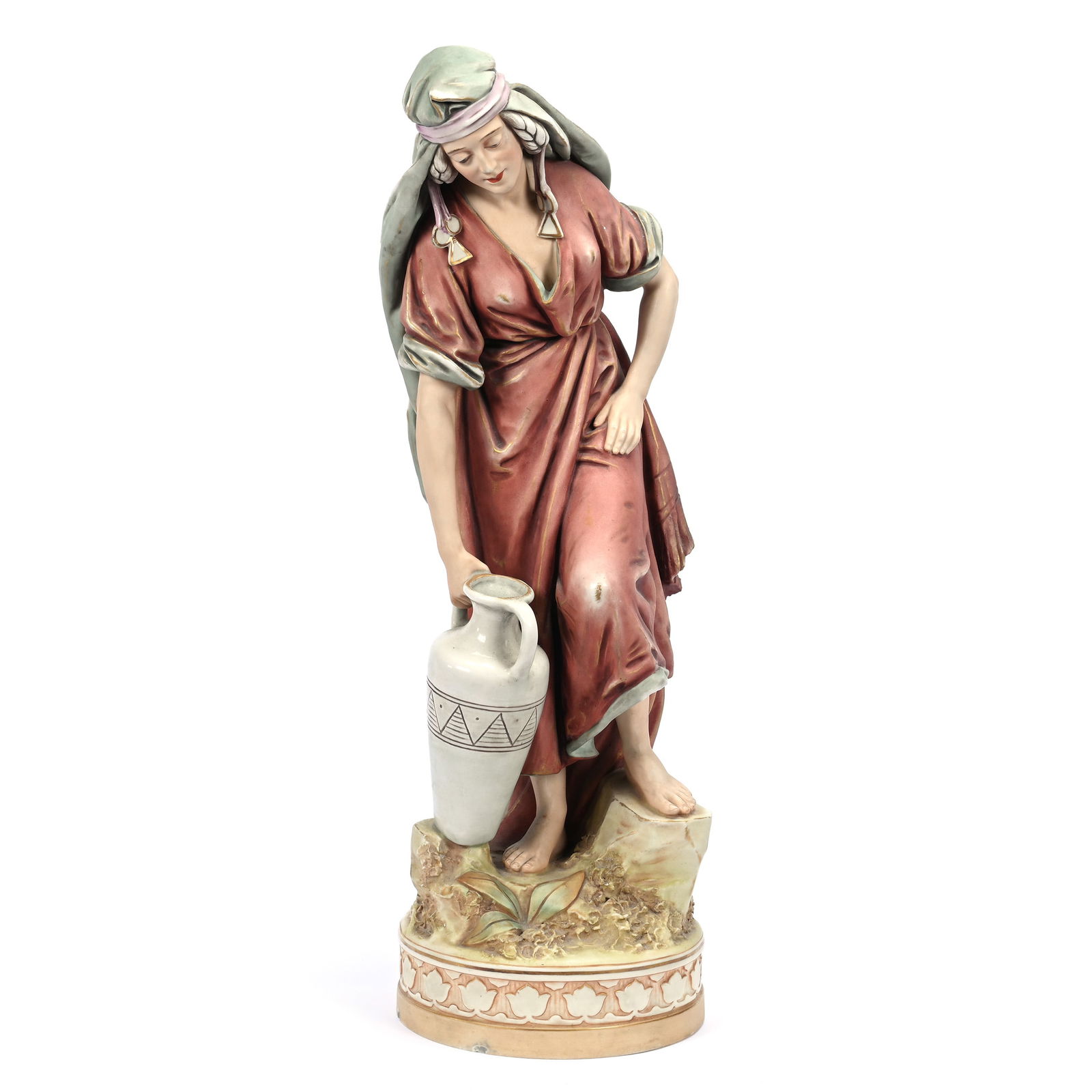Figurine Marked Royal Dux #1000: Figurine Marked Royal Dux #1000, 24.5" x 7.5", Woman Carrying Water Vessel, Two Surface Base Chips, Kansas Private Collection.