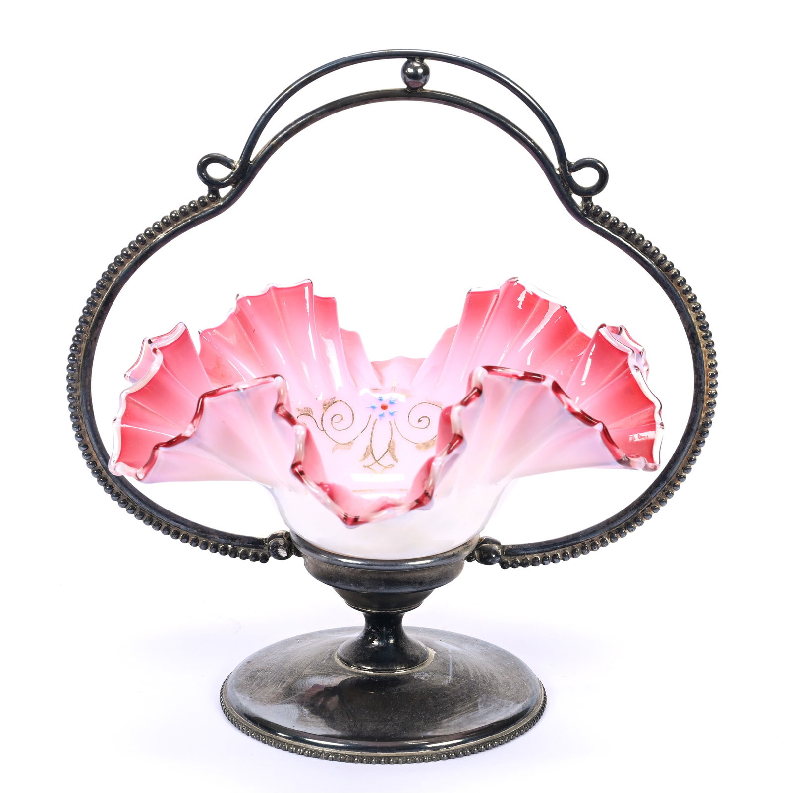 Miniature Brides Basket: Miniature Brides Basket, 8" x 7.5", Pink And White Cased Bowl With Floral Decor, Set On St. Louis #101 Silverplate Frame, Kansas Private Collection.