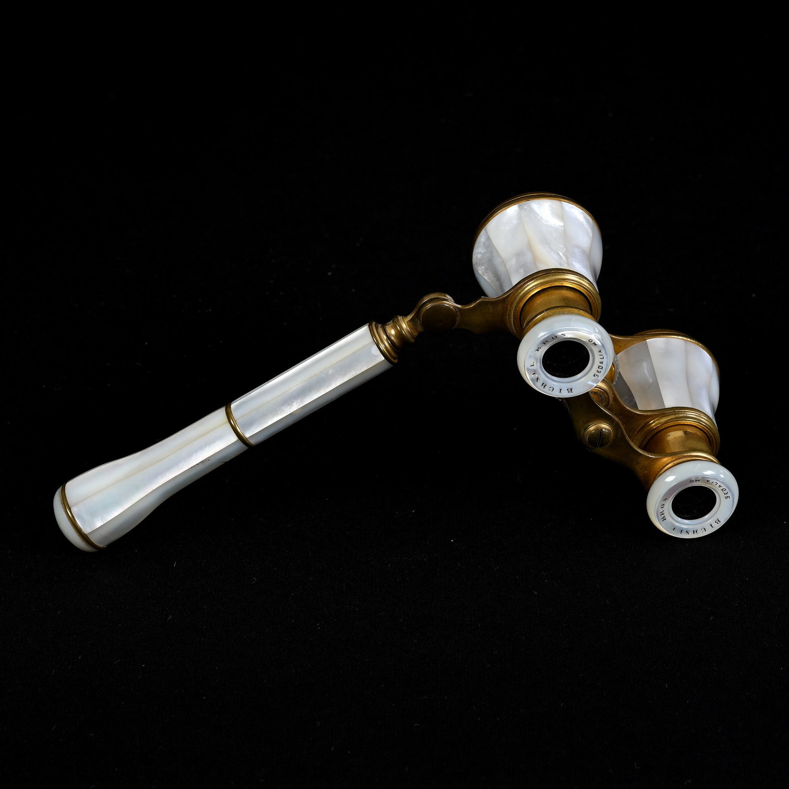 Opera Glasses, Marked Made In France: Opera Glasses, Marked Made In France, 9", With Telescoping Handle, "Bischel Brothers, Sedalia Mo" Beautiful Mother Of Pearl Panels, Kansas Private Collection.