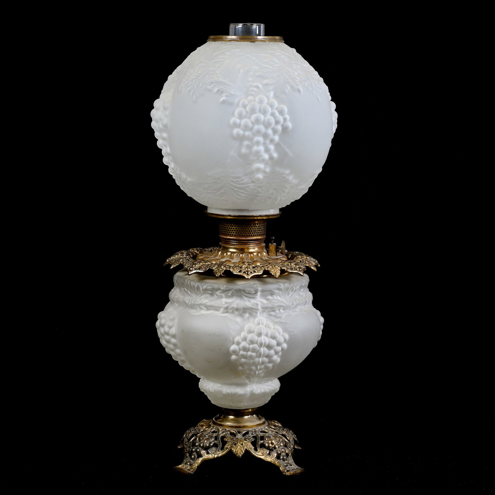 Gone With The Wind Table Lamp: Gone With The Wind Table Lamp, 24.5" x 10", White Satin Art Glass, Vintage Pattern By Pittsburgh, Original Kerosene Font, Kansas Private Collection.