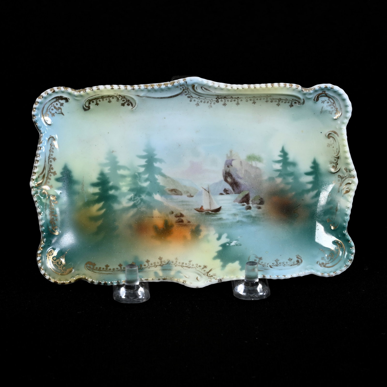 Pin Tray Marked R.S. Prussia: Pin Tray Marked R.S. Prussia, 5.5" x 3.25", Mold #155, Green, Yellow, And Blue Tones, Old Man In The Mountains Scenic Decor, Kansas Private Collection.