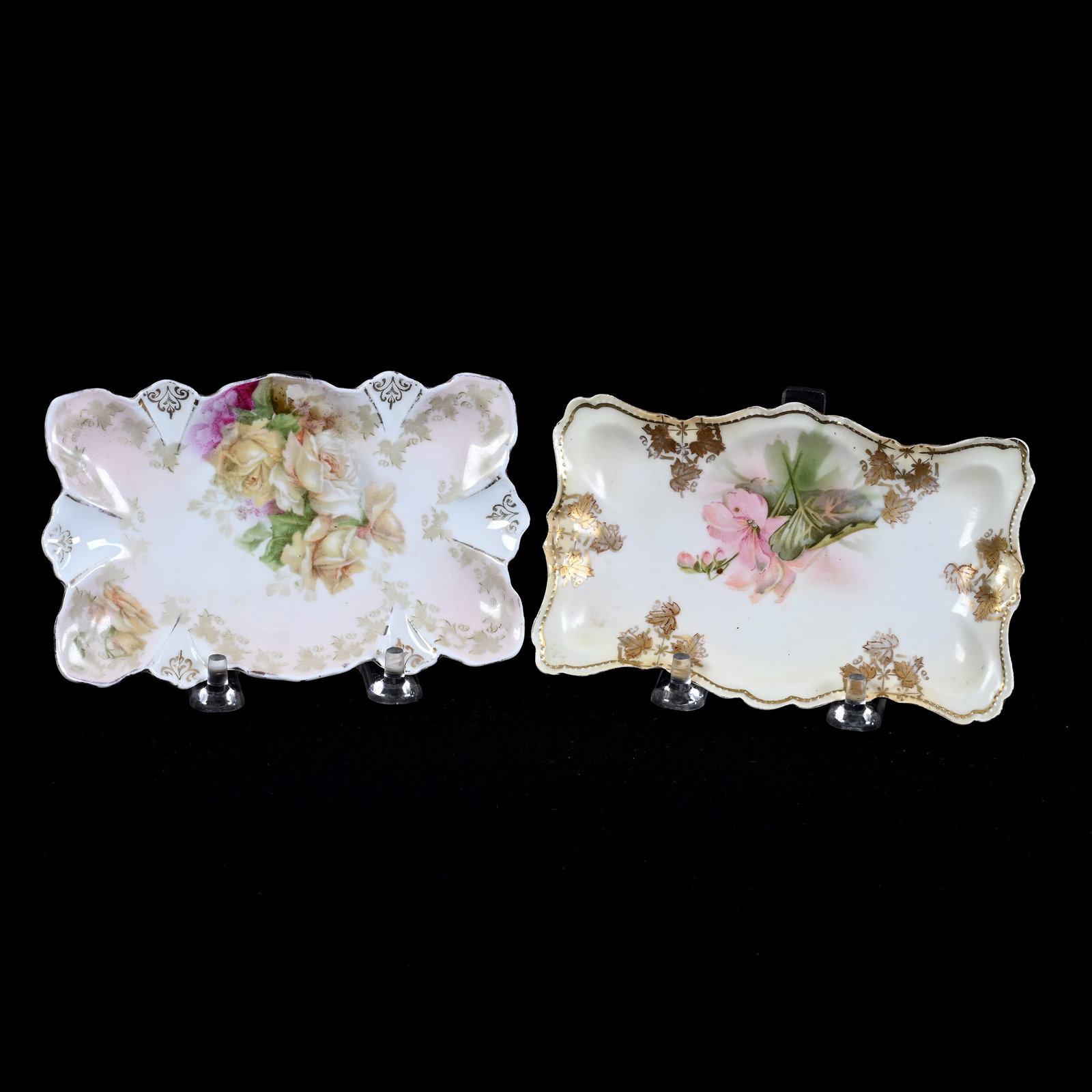 (2) Pin Trays Marked R.S. Prussia: (2) Pin Trays Marked R.S. Prussia, 5.5" x 3.25", Floral Decor, Kansas Private Collection.