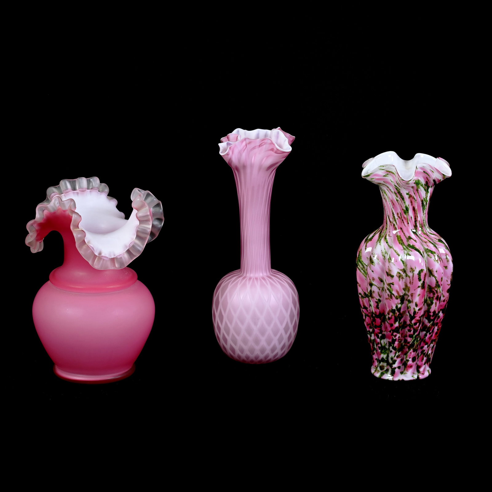 (3) Vases, Contemporary Art Glass Attributed To Fenton: (3) Vases, Contemporary Art Glass Attributed To Fenton, (1) 12.5" x 4.5" Pink Satin, Diamond Quilted, (1) 11.75" x 5" Cased Melon Ribbed End Of Day, (1) 10" x 6.5" Pink Satin With Ruffled Rim, Kansas 