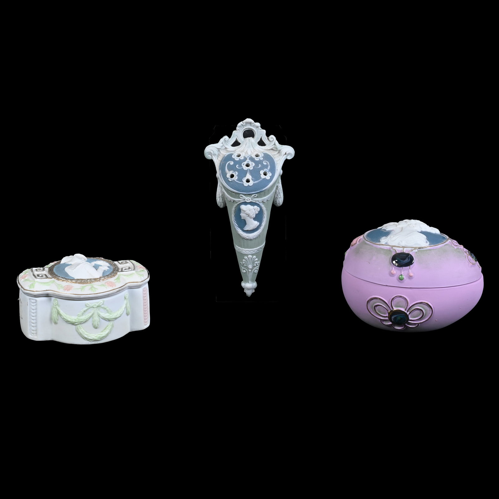 (3) Signed Schafer And Vater Items: (3) Signed Schafer And Vater Items, Cameo Medallion Portraits (1) 3.5" x 5" Egg Shaped Covered Box, (2) 2.25" x 4.5" Covered Box, (3) 6.5" x 3.25" Wall Mount Hatpin Holder, Kansas Private Collection.