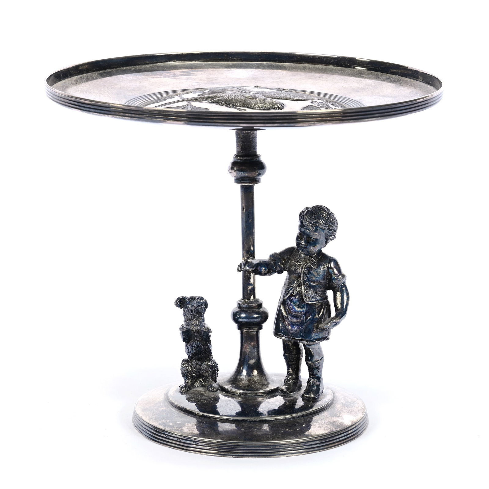 Card Receiver, Silver Plate Marked Meriden #141: Card Receiver, Silver Plate Marked Meriden #141, 5.5" x 6.25", Young Boy Training Dog, Kansas Private Collection.