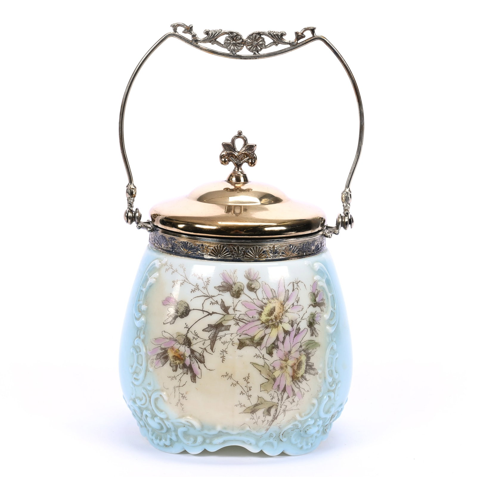 Biscuit Jar, Unmarked Wave Crest: Biscuit Jar, Unmarked Wave Crest, 8" x 6", Blue And White With Floral Decor, Silverplate Lid And Bail, Kansas Private Collection.
