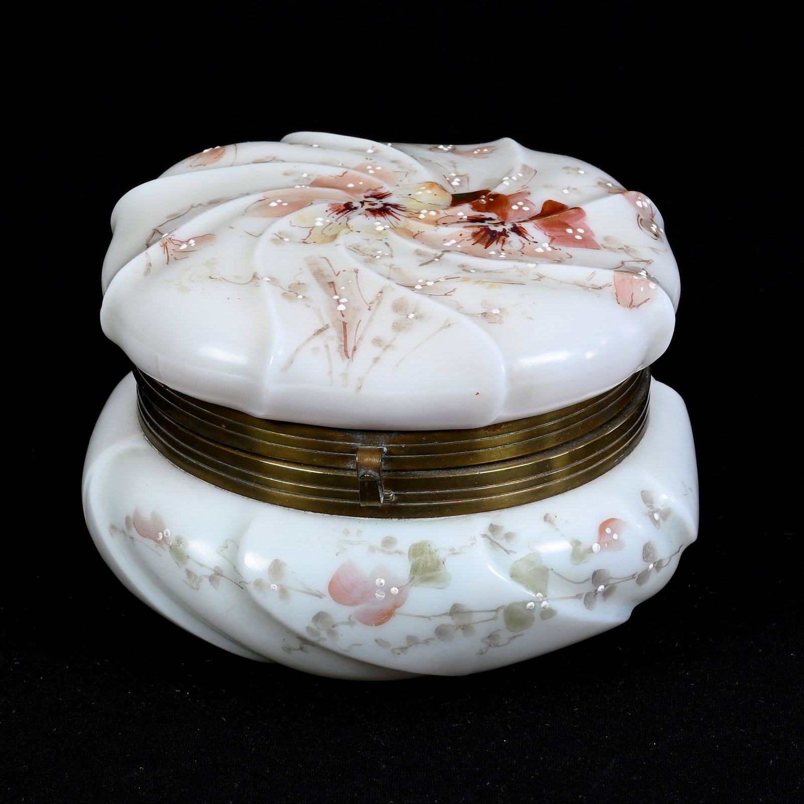 Jewel Box, Round, Unmarked Wave Crest: Jewel Box, Round, Unmarked Wave Crest, 3.5" x 5.5", Swirl Mold, White, Pink, And Green Tones With Floral Decor, Kansas Private Collection.