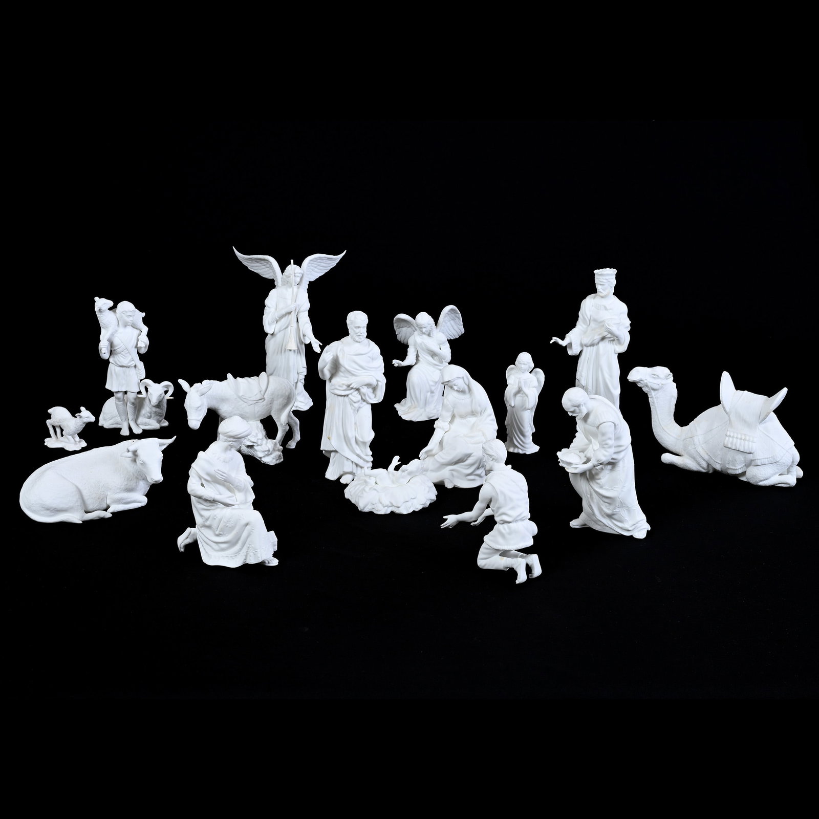 15 Piece Nativity Set Marked Lenox: 15 Piece Nativity Set Marked Lenox, Set Includes Camel, Bull, Donkey, And Lamb, Three Angels, Shepherd Boy With Sheep, Mary, Joseph, Baby Jesus, And Three Wise Men, Kansas Private Collection.