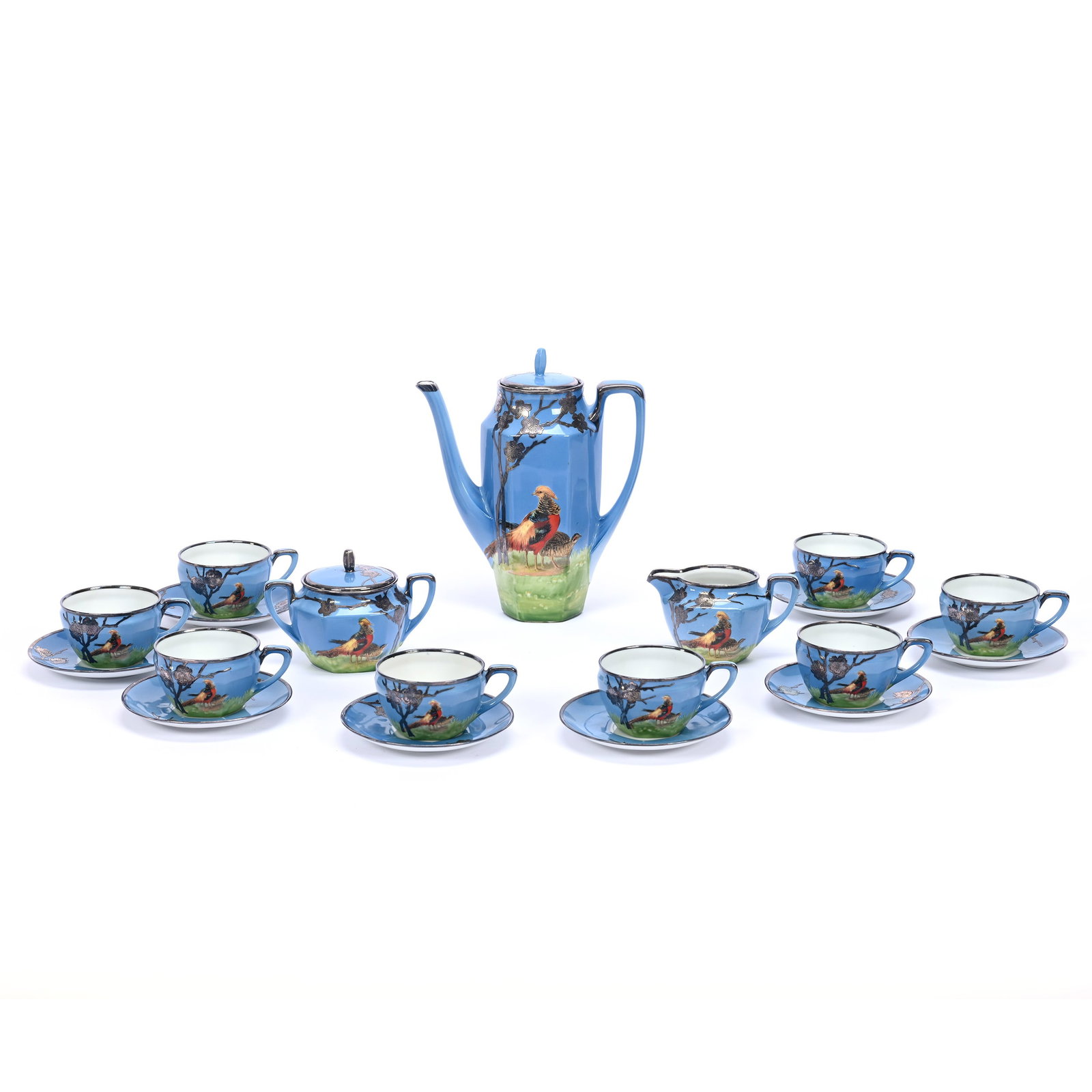 Coffee Set Marked R.S. Germany: Coffee Set Marked R.S. Germany, Pheasant Scenic Decor With Unusual Blue Background And Silver Branch And Blossom Overlay (1) 9.25" x 8" Coffee Pot With Matching Creamer, Sugar, And Eight Cups And Sauc
