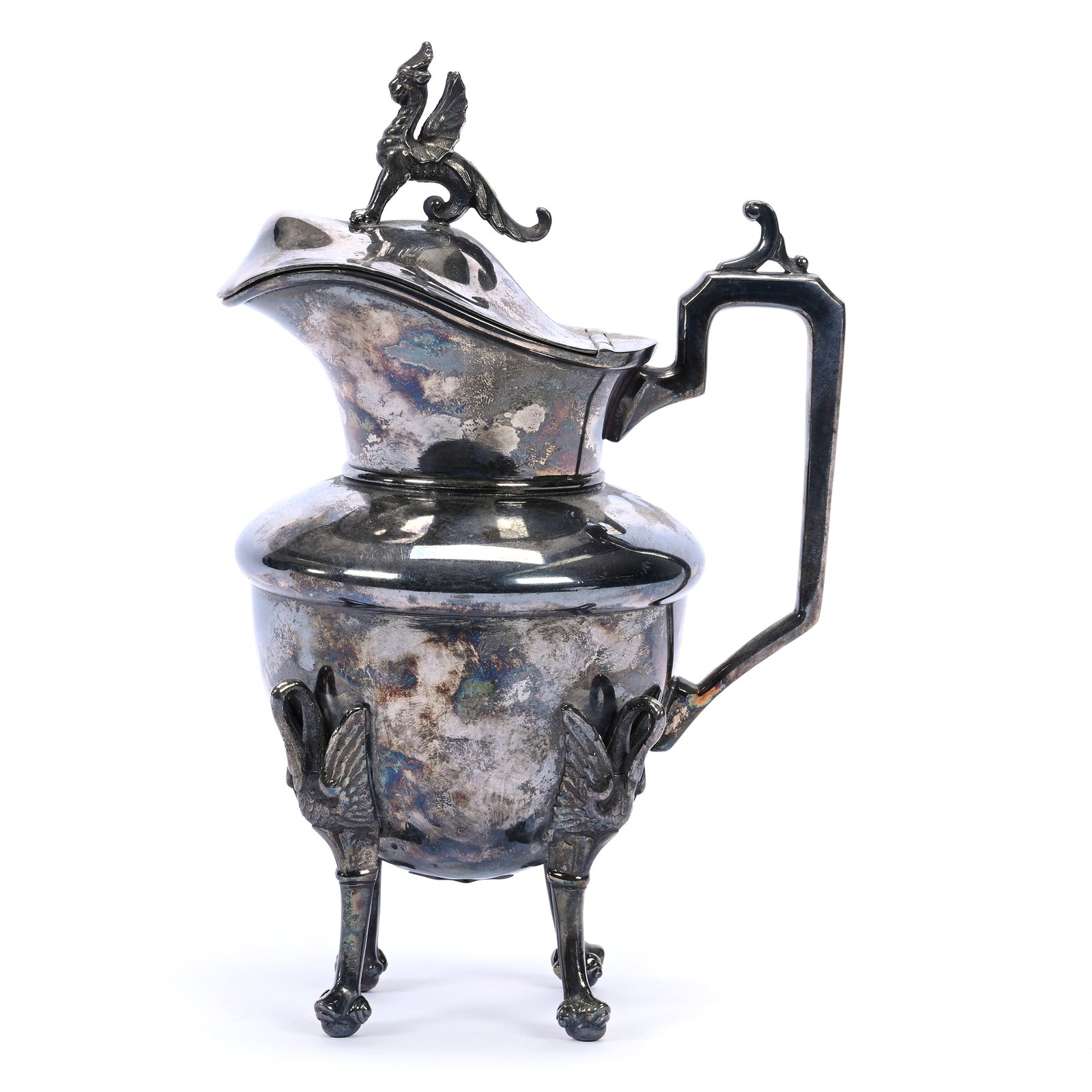 Syrup Pitcher, Unmarked Silver Plate: Syrup Pitcher, Unmarked Silver Plate, 8" x 5", Features Figural Swan Legs And Figural Dragon Finial, Kansas Private Collection.