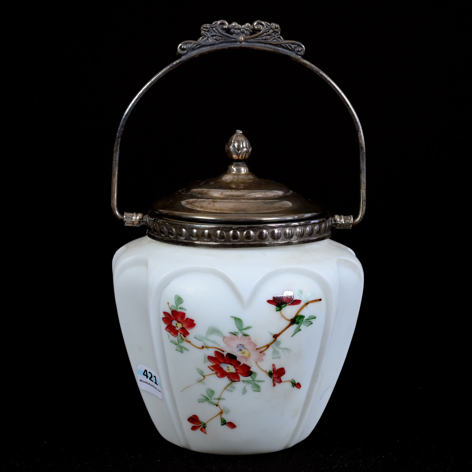Biscuit Jar, Open Heart And Arches, Attributed To Consolidated Glass: Biscuit Jar, Open Heart And Arches, Attributed To Consolidated Glass, 7.5" x 6", White Satin With Pink Floral Decor, Silverplate Lid And Bail, The Lid Is Not A Secure Fit, Kansas Private Collection.