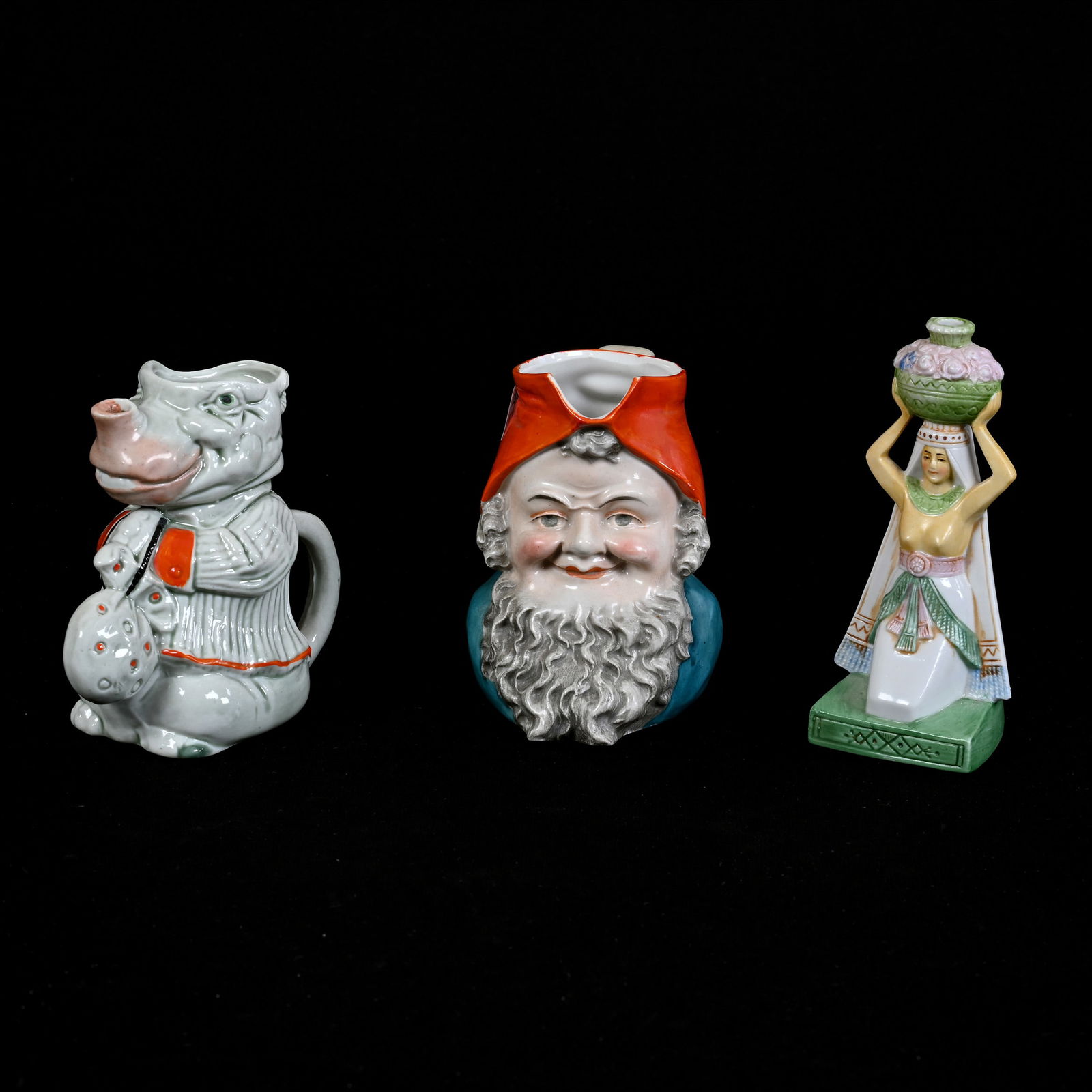 Three Figural Items In The Style Of Schafer And Vater: Three Figural Items In The Style Of Schafer And Vater, (1) 5" Incense Holder, Egyptian Woman (1) 4.25" Elephant Creamer, (1) 4.25" Gnome, Kansas Private Collection.