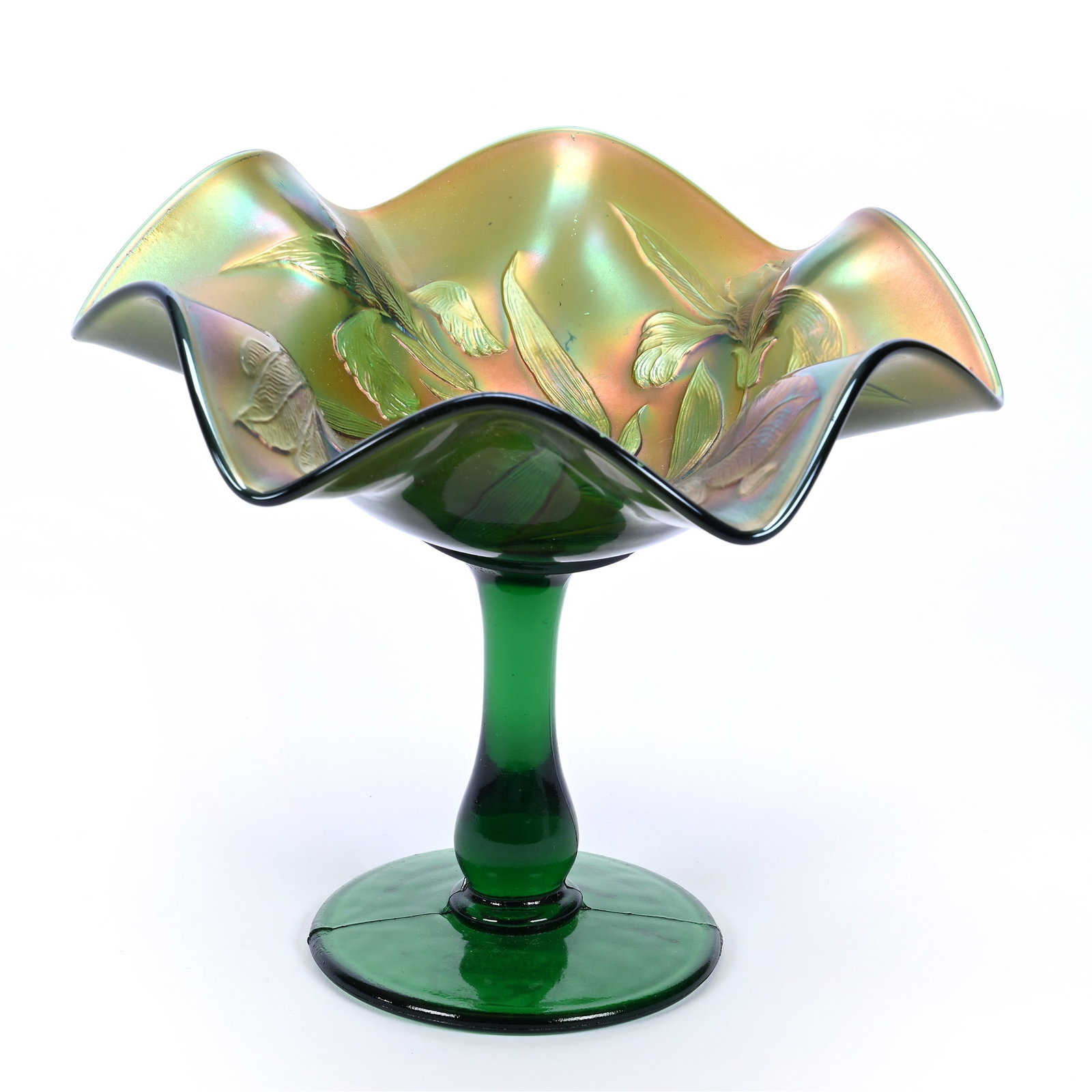Compote, Carnival Glass, Iris Pattern By Fenton, Green: Compote, Carnival Glass, Iris Pattern By Fenton, Green, 6" x 7", Kansas Private Collection.