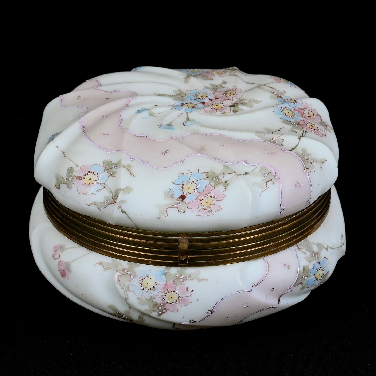 Dresser Box, Unmarked Wave Crest: Dresser Box, Unmarked Wave Crest, 4" x 7", White With Pink Band And Colorful Floral Decor, Kansas Private Collection.