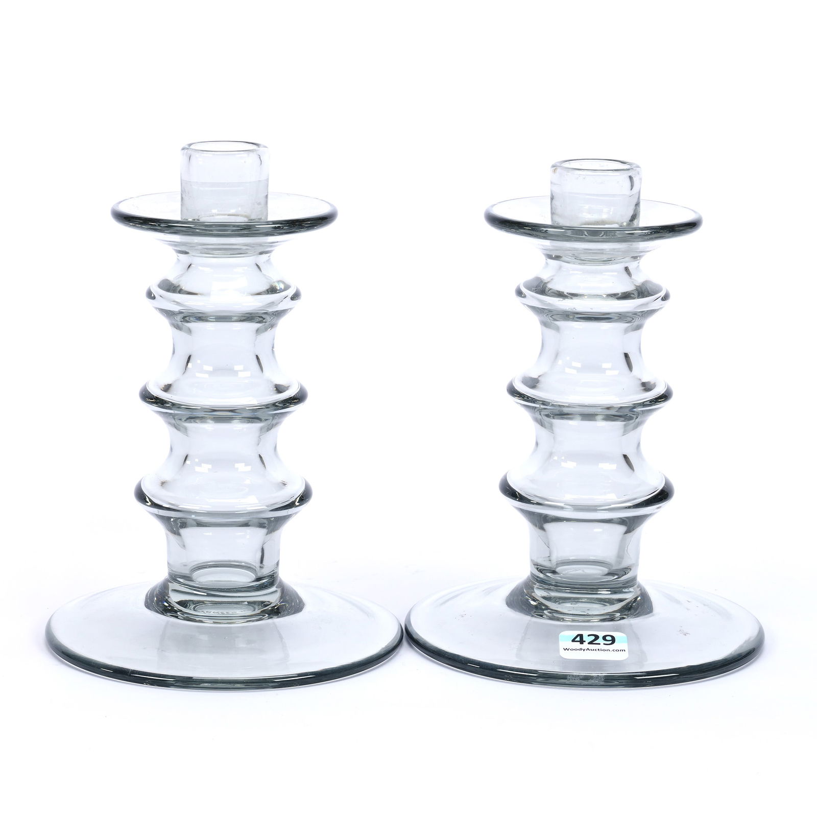 Pair Candlestick Holders, Signed (Unidentified): Pair Candlestick Holders, Signed (Unidentified), 6.25" x 4.75", Clear Smoke Colored Glass, Hollow Stem, Polished Pontil Base, Kansas Private Collection.