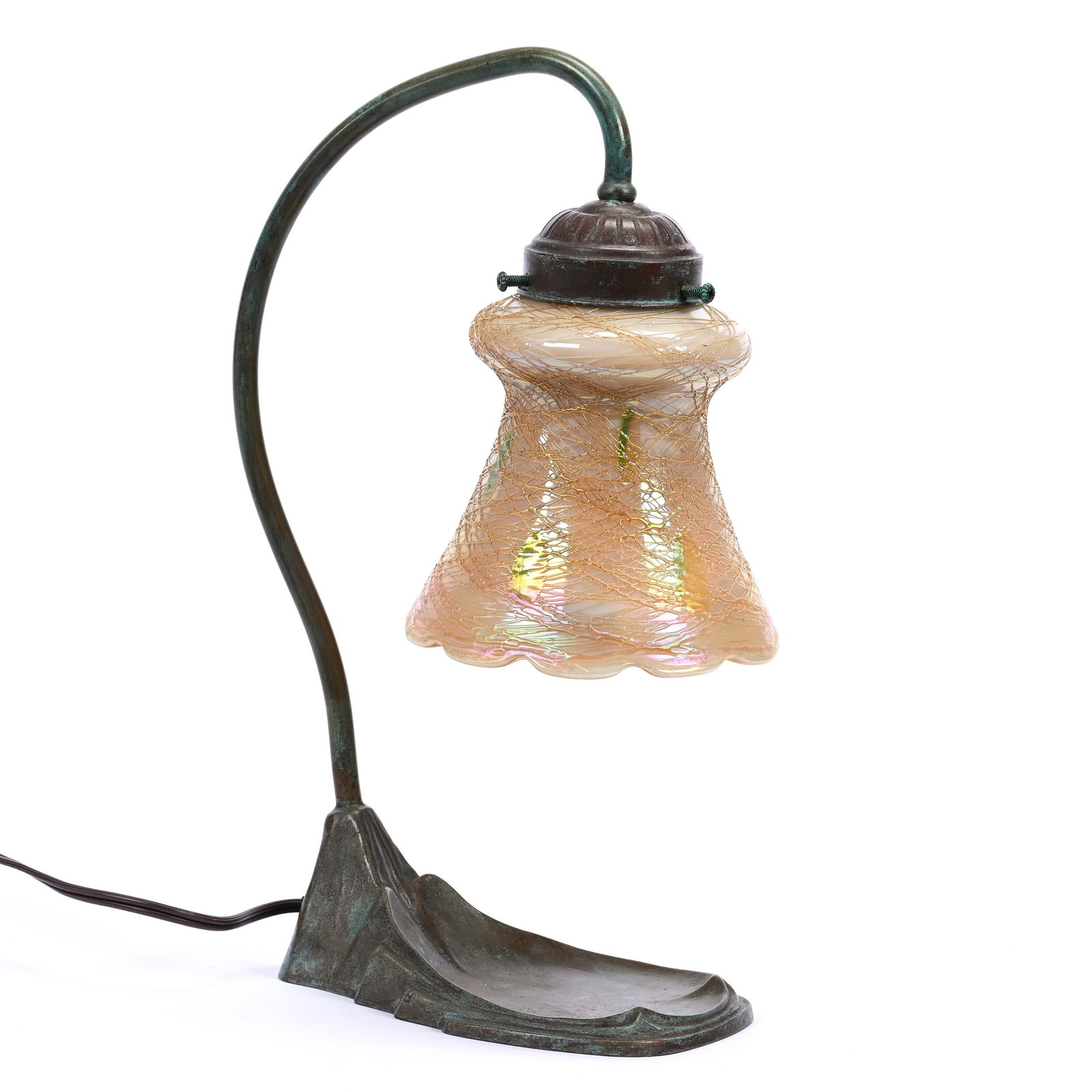 Desk Lamp, Iridized Art Glass Shade In The Style Of Quezal, Unmarked: Desk Lamp, Iridized Art Glass Shade In The Style Of Quezal, Unmarked, 13" x 7.5", Heart And Vine Decor, Mounted On An Electrified, Unmarked Metal Base, Single Light, Rim Chip On Shade Which Is Covered