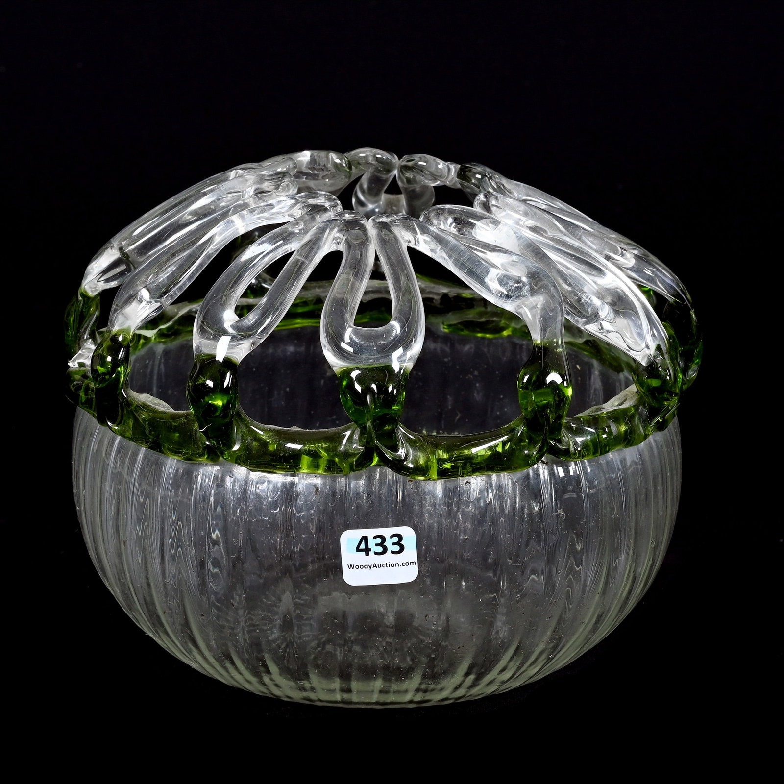 Flower Bowl, Whimsical Form, Clear With Applied Green Highlights: Flower Bowl, Whimsical Form, Clear With Applied Green Highlights, 6" x 8", Polished Pontil Base, Unknown Maker, Kansas Private Collection.