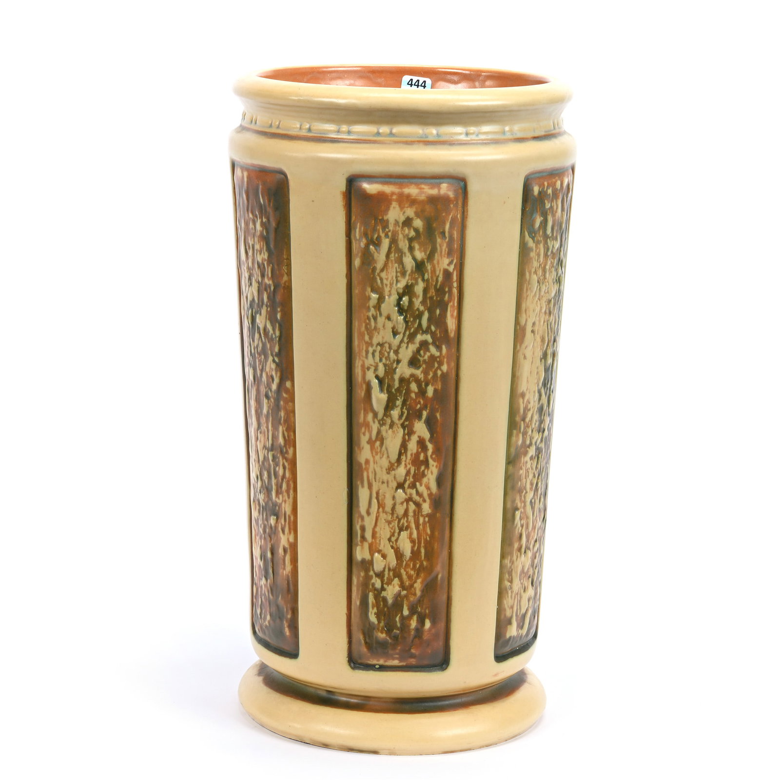 Umbrella Stand Marked Roseville #298-18" Art Pottery: Umbrella Stand Marked Roseville #298-18" Art Pottery, 18.5" x 10", Florentine II Pattern, Cream And Brown Tones, Hard To See Fan Shaped Base Chip, Kansas Private Collection.