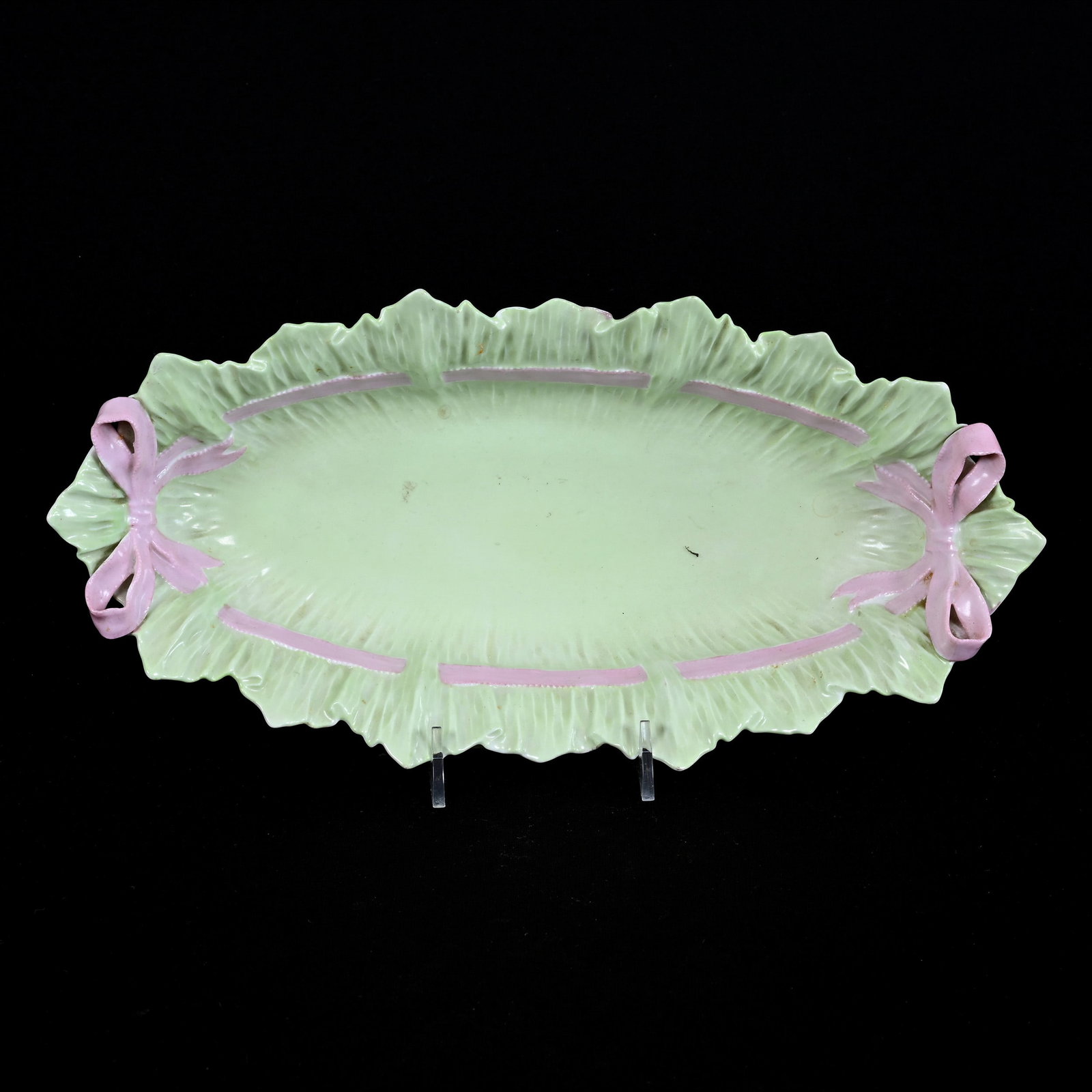 Celery Tray, Unmarked Prussia: Celery Tray, Unmarked Prussia, 12.25" x 6", Bow Tie Mold, Green With Pink Ribbon Design, Kansas Private Collection.