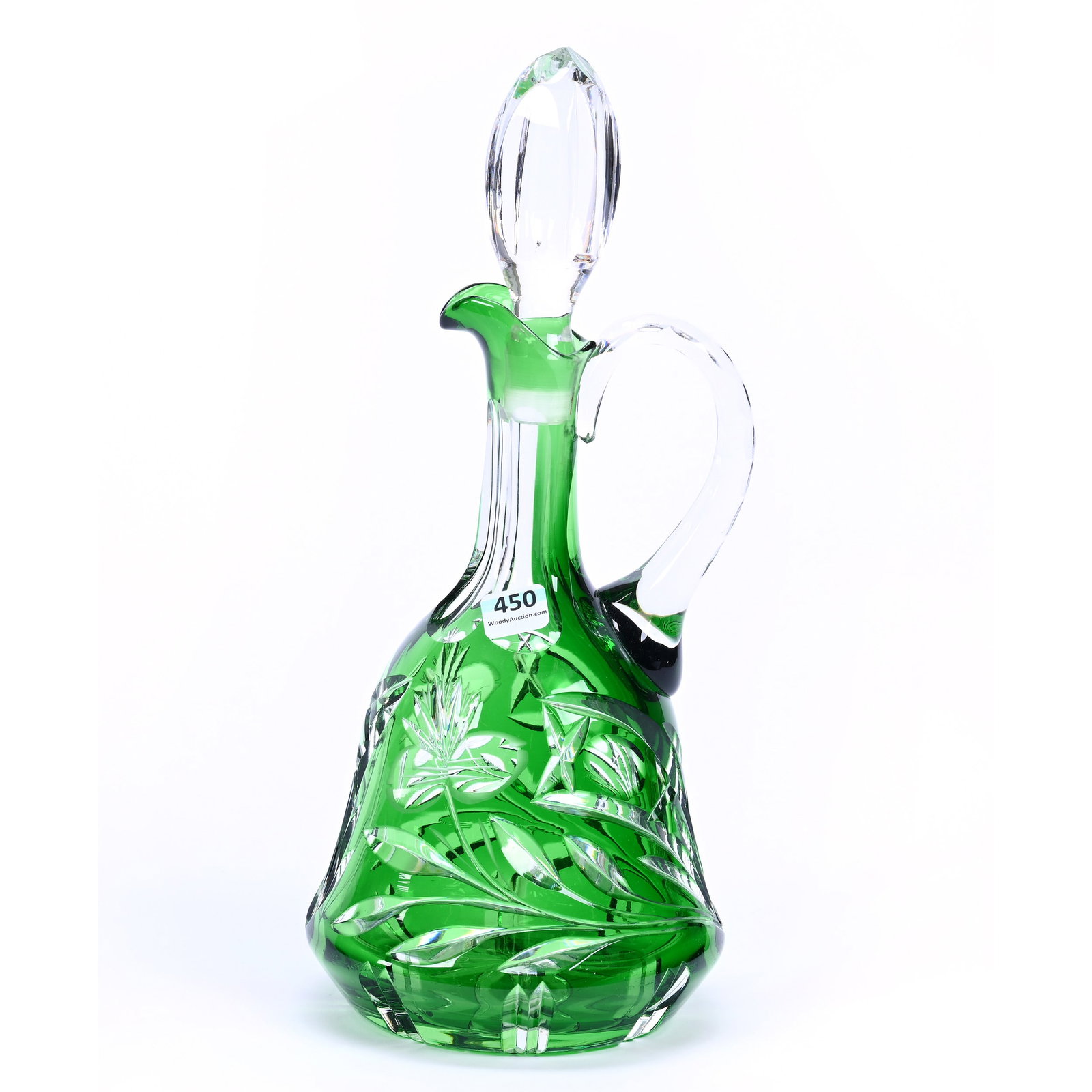 Decanter, Green Cut To Clear: Decanter, Green Cut To Clear, 13.25" x 6", Floral Geometric Design, Circa 1960's, Kansas Private Collection.