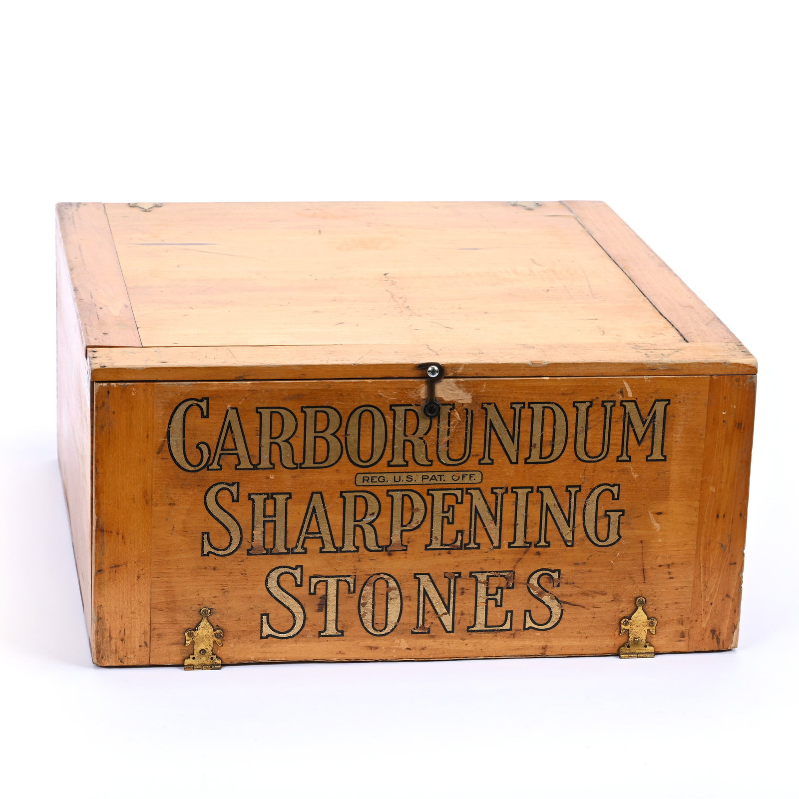 Wooden Case With Advertising For Sharpening Stones "Carborundum Sharpening Stones" On Front: Wooden Case With Advertising For Sharpening Stones "Carborundum Sharpening Stones" On Front, 6.75" x 14.5" x 14.5", Four Drawers, Hinged Lid Lifts To Reveal Original Carborundum Advertising With Nativ