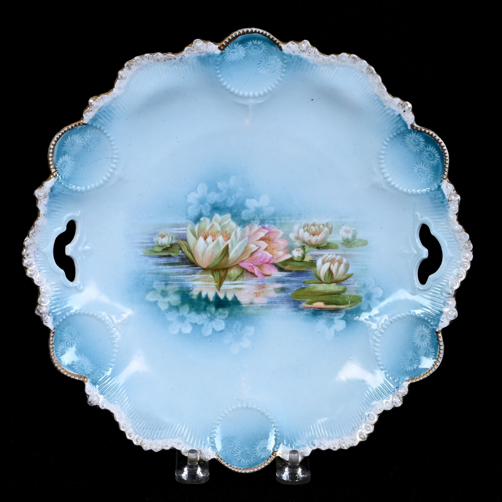Cake Plate, Two Handles, Marked R.S. Prussia: Cake Plate, Two Handles, Marked R.S. Prussia, 9.75", Medallion Mold, Blue And White Tones With Water Lily Decor, Kansas Private Collection.