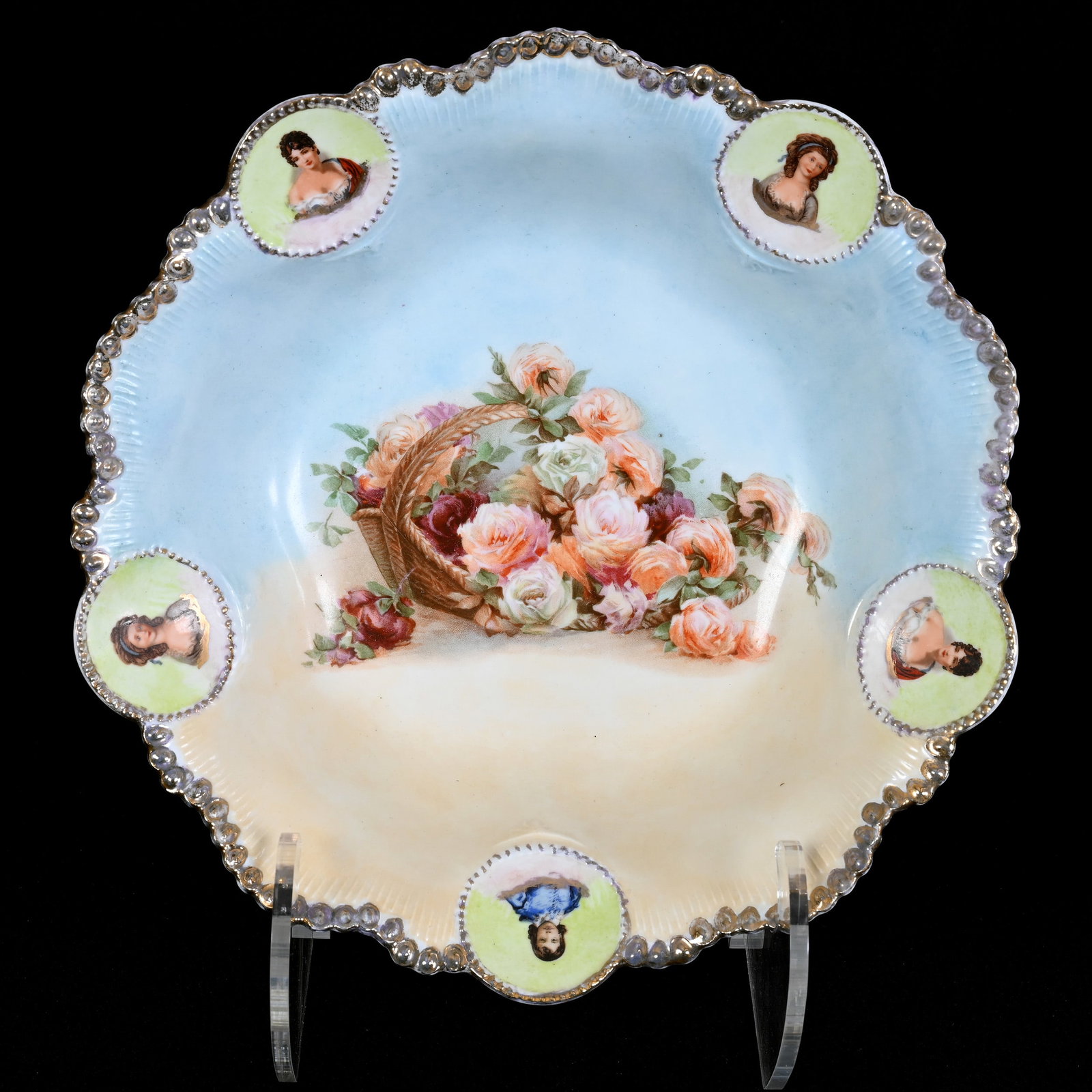 Bowl, Marked R.S. Prussia: Bowl, Marked R.S. Prussia, 9.25", Medallion Mold, Blue And Cream Tones With Spilled Basket Decor, Post Factory Decals Have Been Placed In The Medallions, Kansas Private Collection.